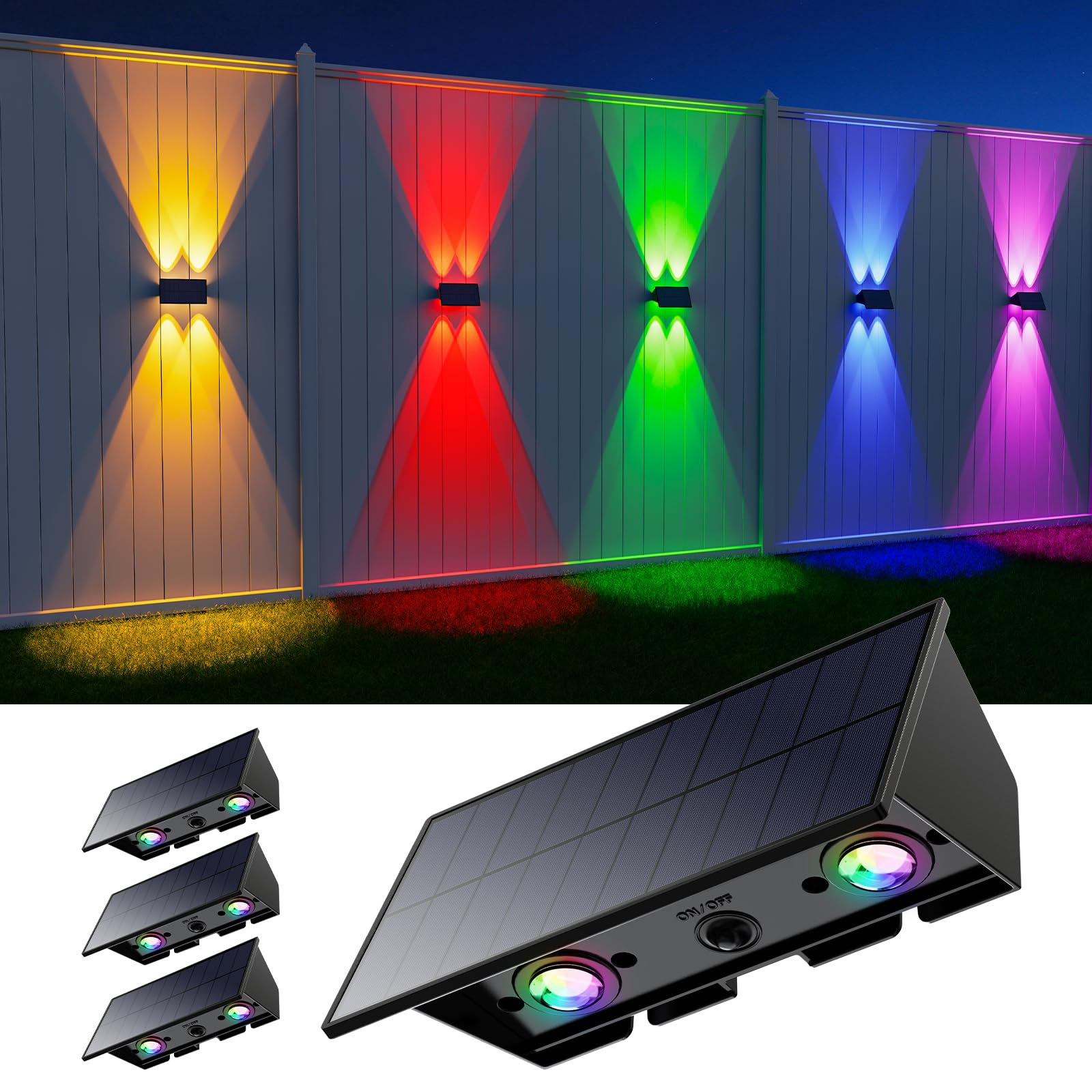 4 Pack Color Changing Solar Powered Fence Lights for Outside Up and Down Wall Mount Lamps Outdoor RGB Decorative Waterproof LED 