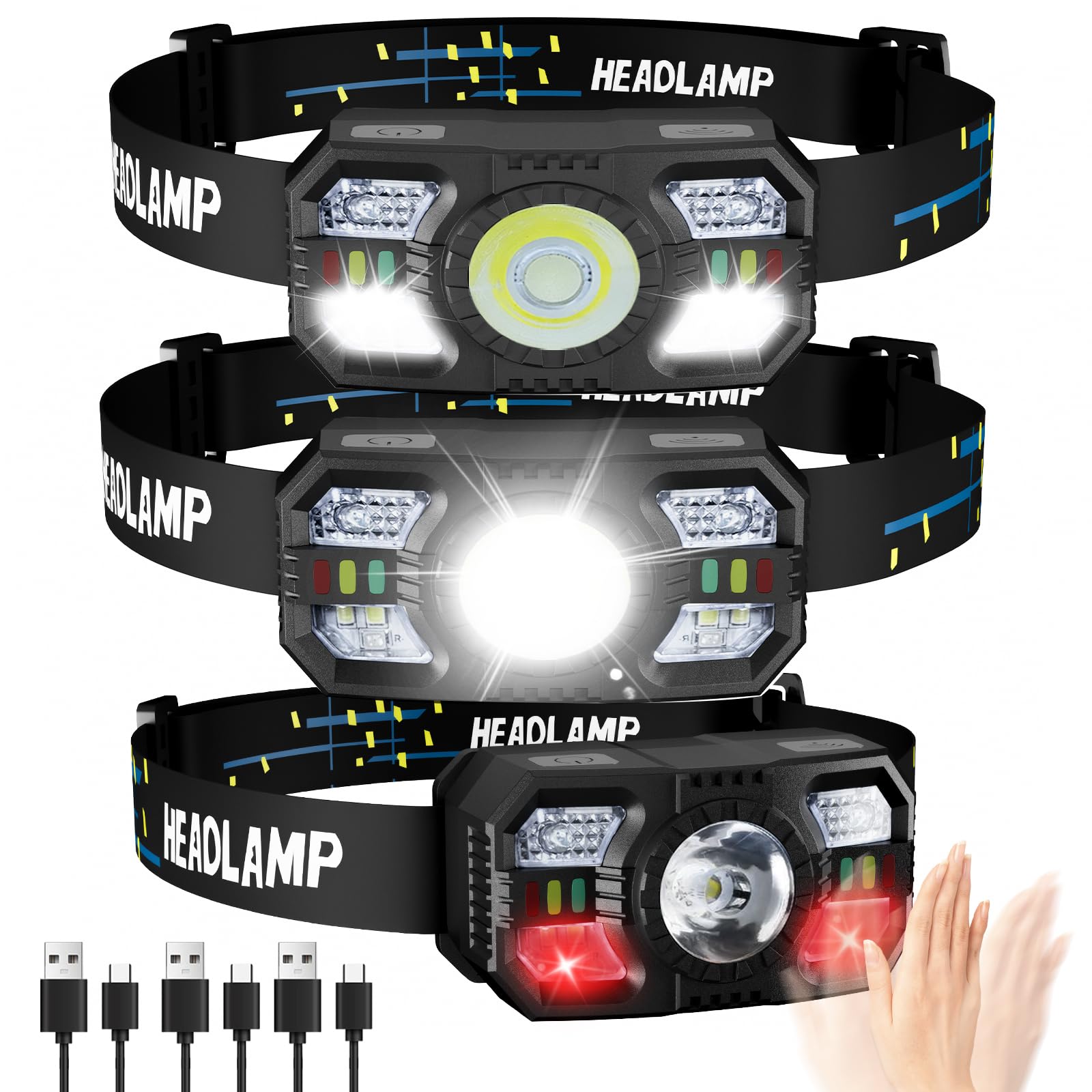 Plusinto Headlamp Rechargeable 3 Pack, Led Super Bright Led Headlight With Red Light, Motion Sensor Head Lamp For Adult Kid, 5 M