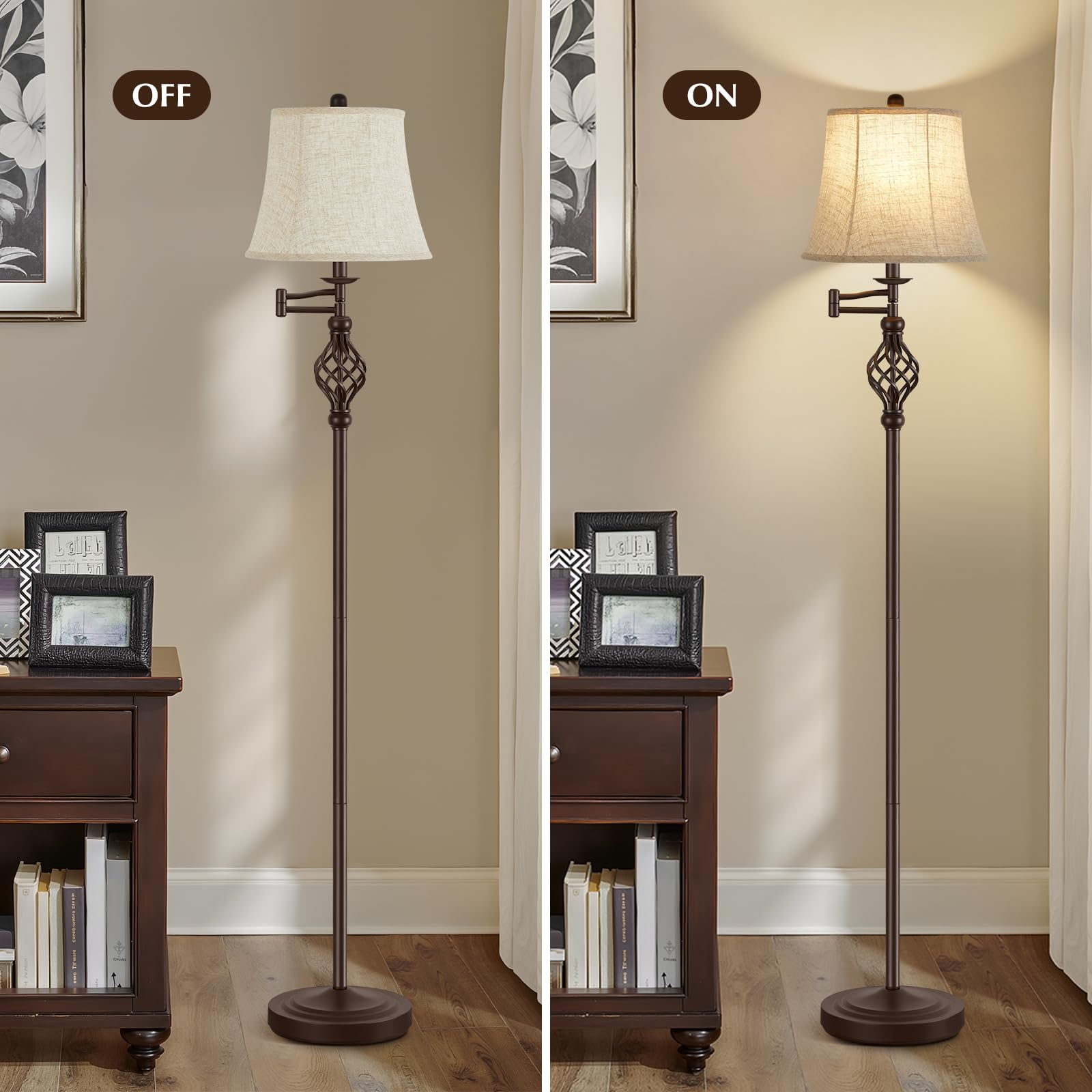 GyroVu Adjustable 350° Swing Arm Floor Lamp, Vintage Metal, Red Brown Shade, Rustic Design for Living Room and Bedroom Reading