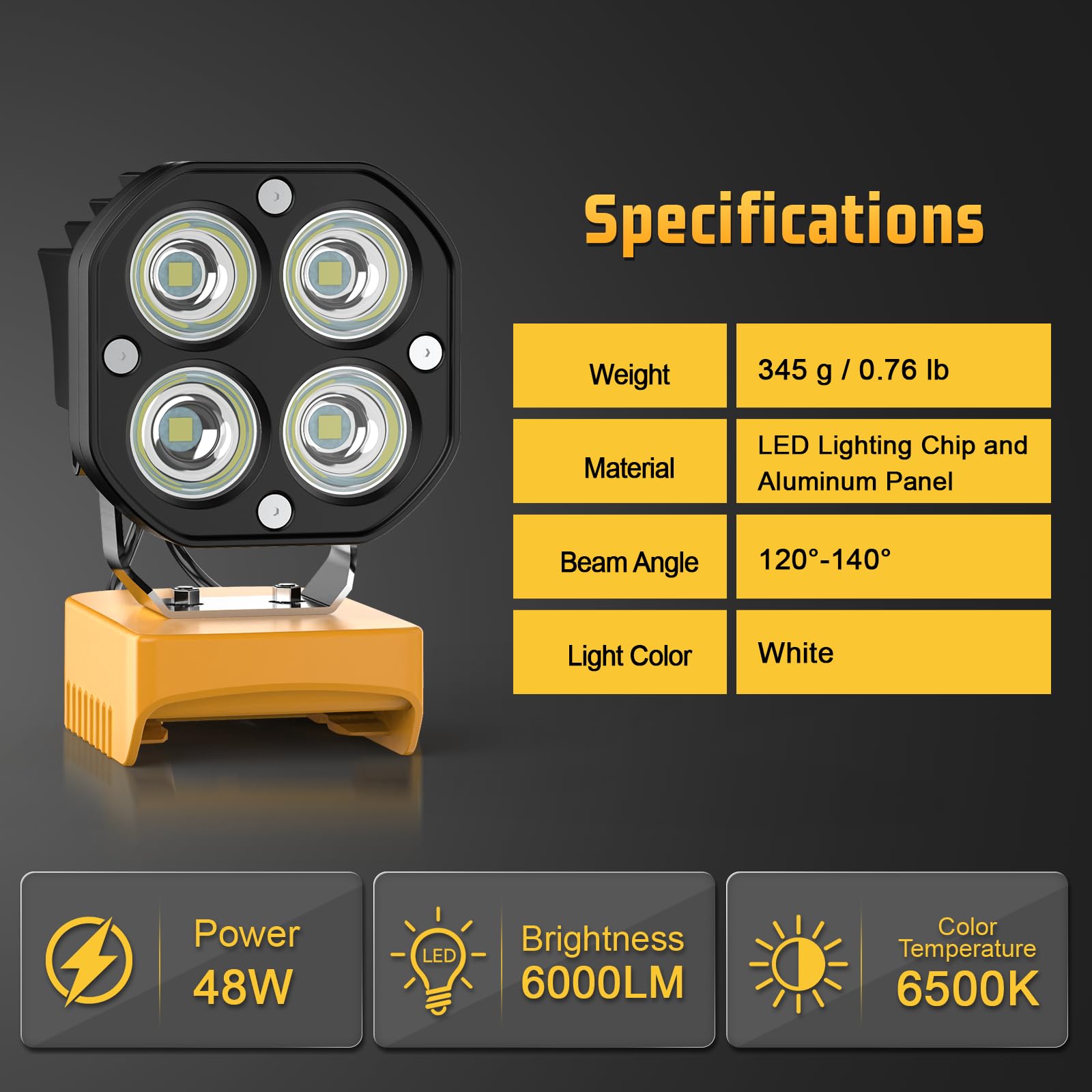 Mightrench 40W Portable LED Work Light - 6000LM, Aluminum, Yellow, Model DLED01, Compatible with Dewalt 20V Battery, Adjustable 120°