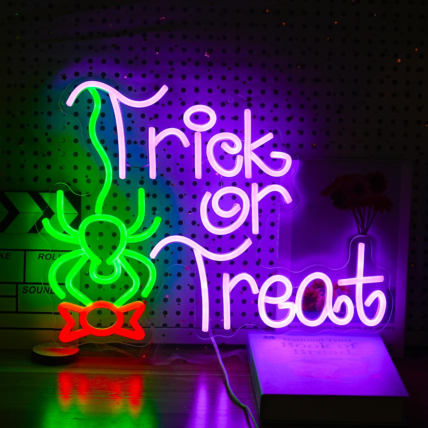LIUOZHTEA Neon Sign - Trick Or Treat LED Light, Dimmable, Halloween Decor, 16.7 x 12.8 inches, Green Red Purple, Acrylic