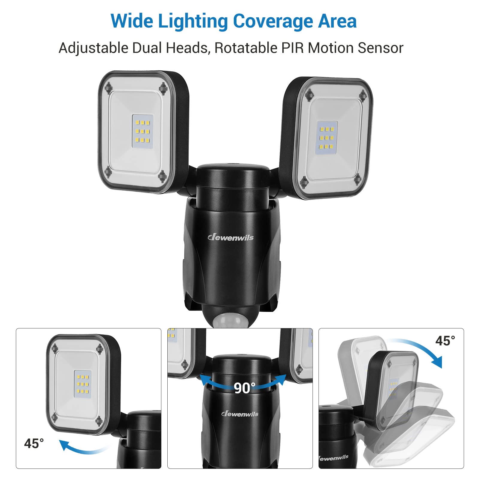 DEWENWILS Battery Powered LED Flood Light, 800LM, Motion Sensor, IP44 Waterproof, Black, Model DEWENWILS-BPLEDFL-800LM