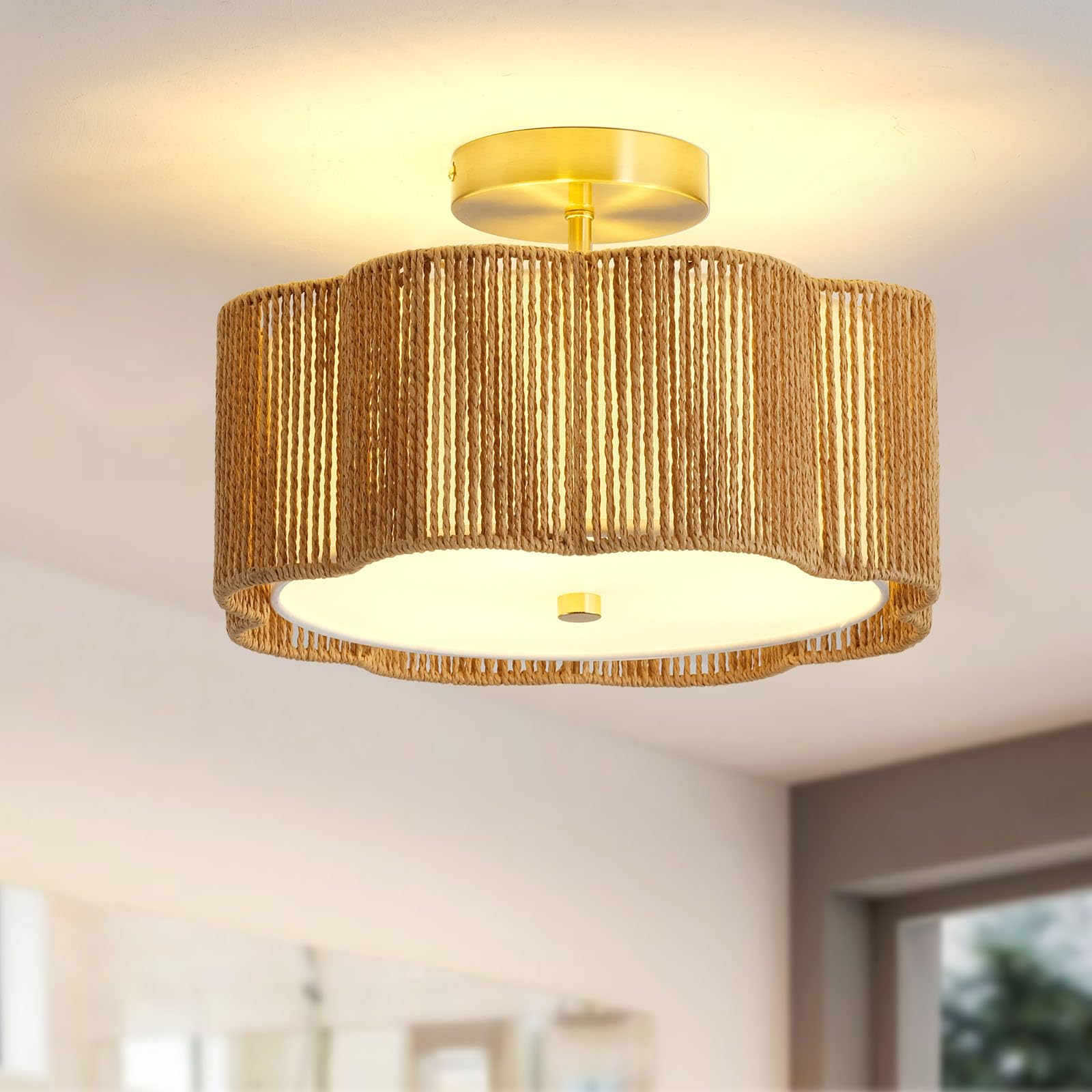 Giutna Rattan Ceiling Light Fixture, 3-Light Flush Mount, Modern Design, 13.4" Yellow Chandelier for Bedroom, Hallway, Kitchen