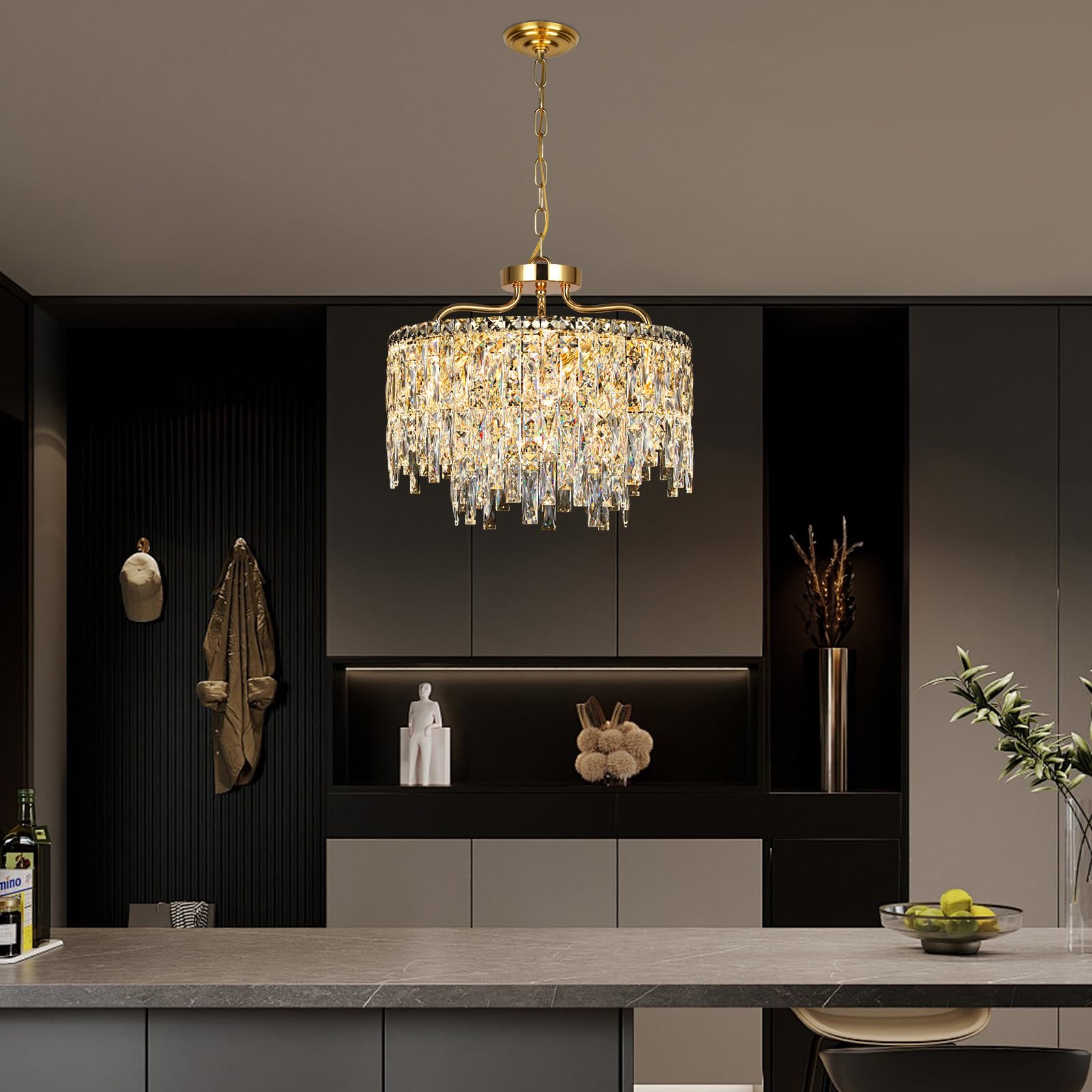 NISIDUN 6-Light Gold Crystal Chandelier, Modern Pendant Lighting for Dining Room, 18" Diameter, Luxury Ceiling Fixture