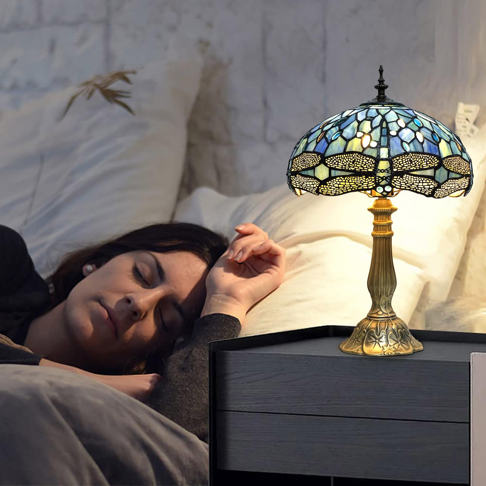 Yingju Tiffany Lamp,Blue Stained Glass Table Lamp,12 * 12 * 18 Inches Dragonfly Style Desk Lamp For Bedroom,Living Room,Home Off