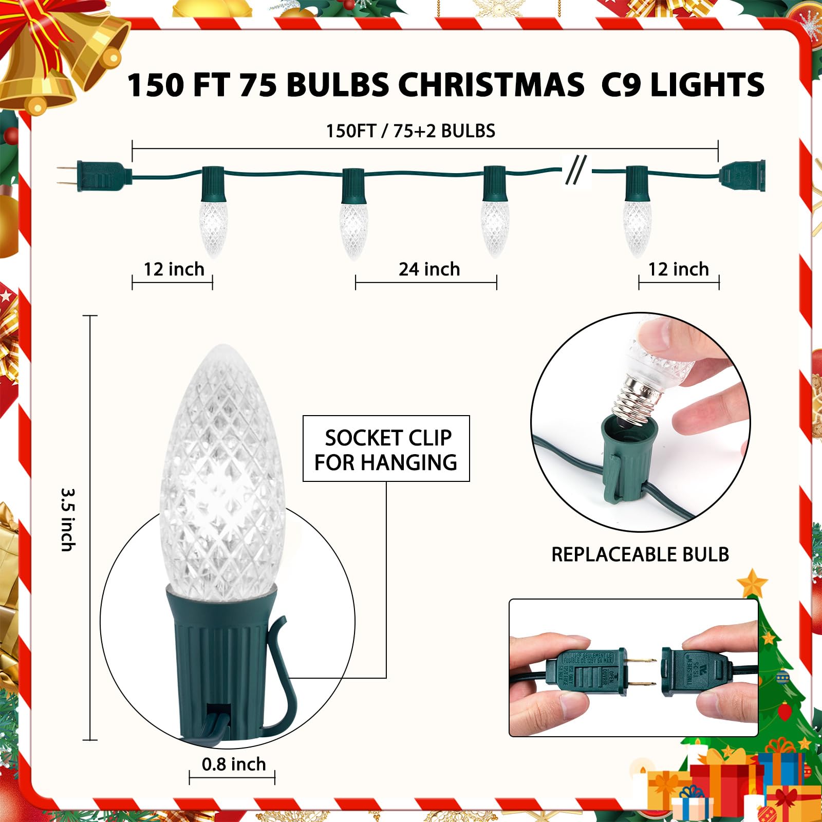 Minetom C9 LED Christmas Lights, 150 FT, 75 LEDs, Connectable, UL Certified, Pure White