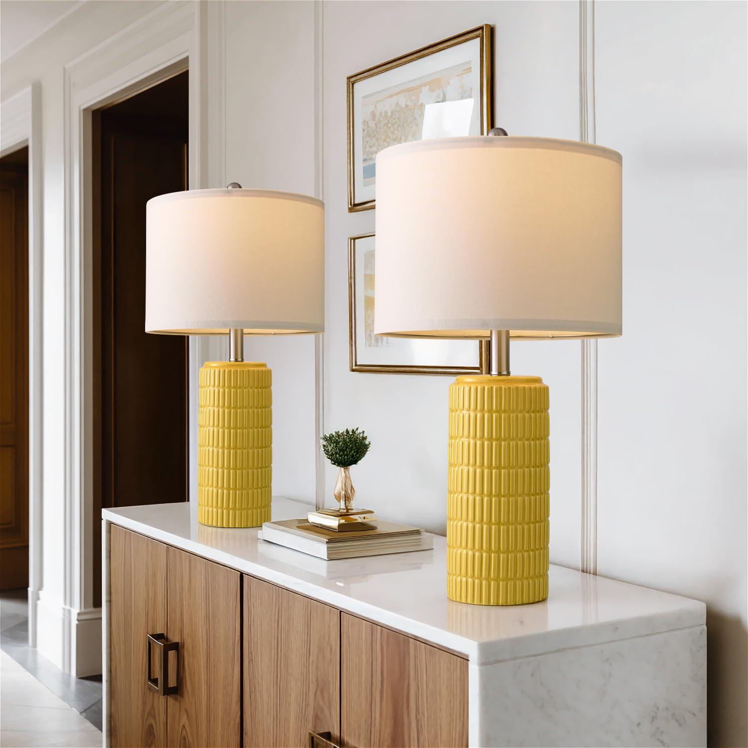 PoKat 23in Ceramic Table Lamps Set of 2, Modern Yellow, Medium Size, Model AMZ-T1102YW