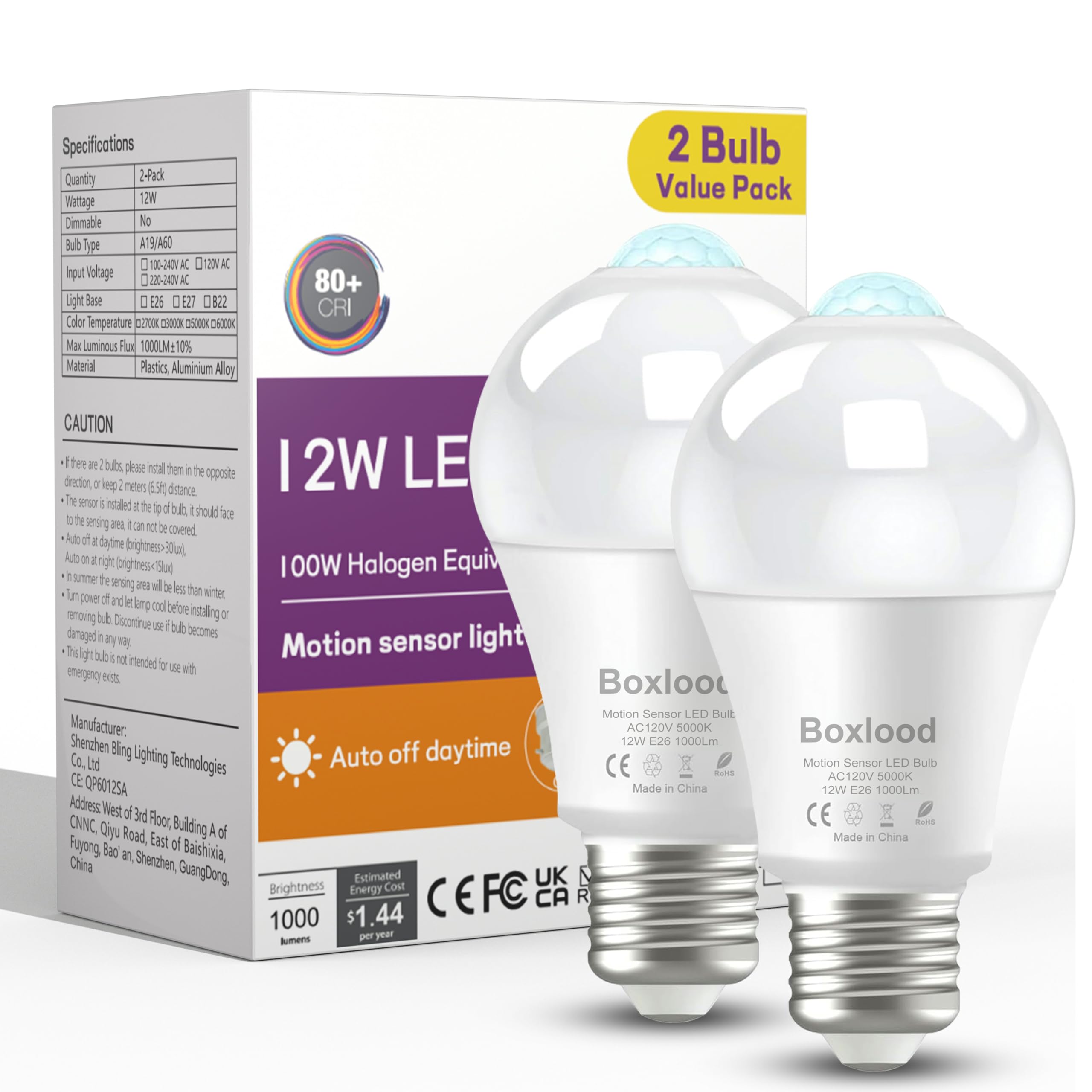 Boxlood Motion Sensor Light Bulbs for Outdoor Indoor,12W(100W Equivalent) A19 E26 5000K Daylight Motion Activated Dusk to Dawn O