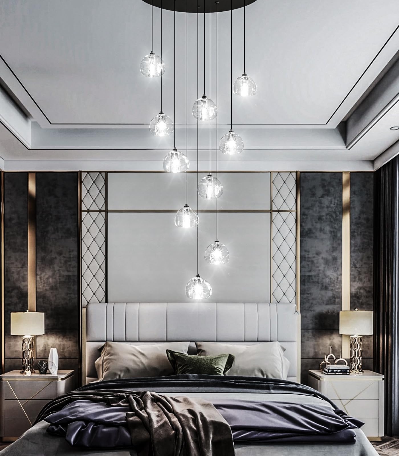 HAIXIANG LED Chandelier for Dining Room, 10 Lights, Dimmable, Black, Model MMQ9025, Adjustable for High Ceilings, Remote Control