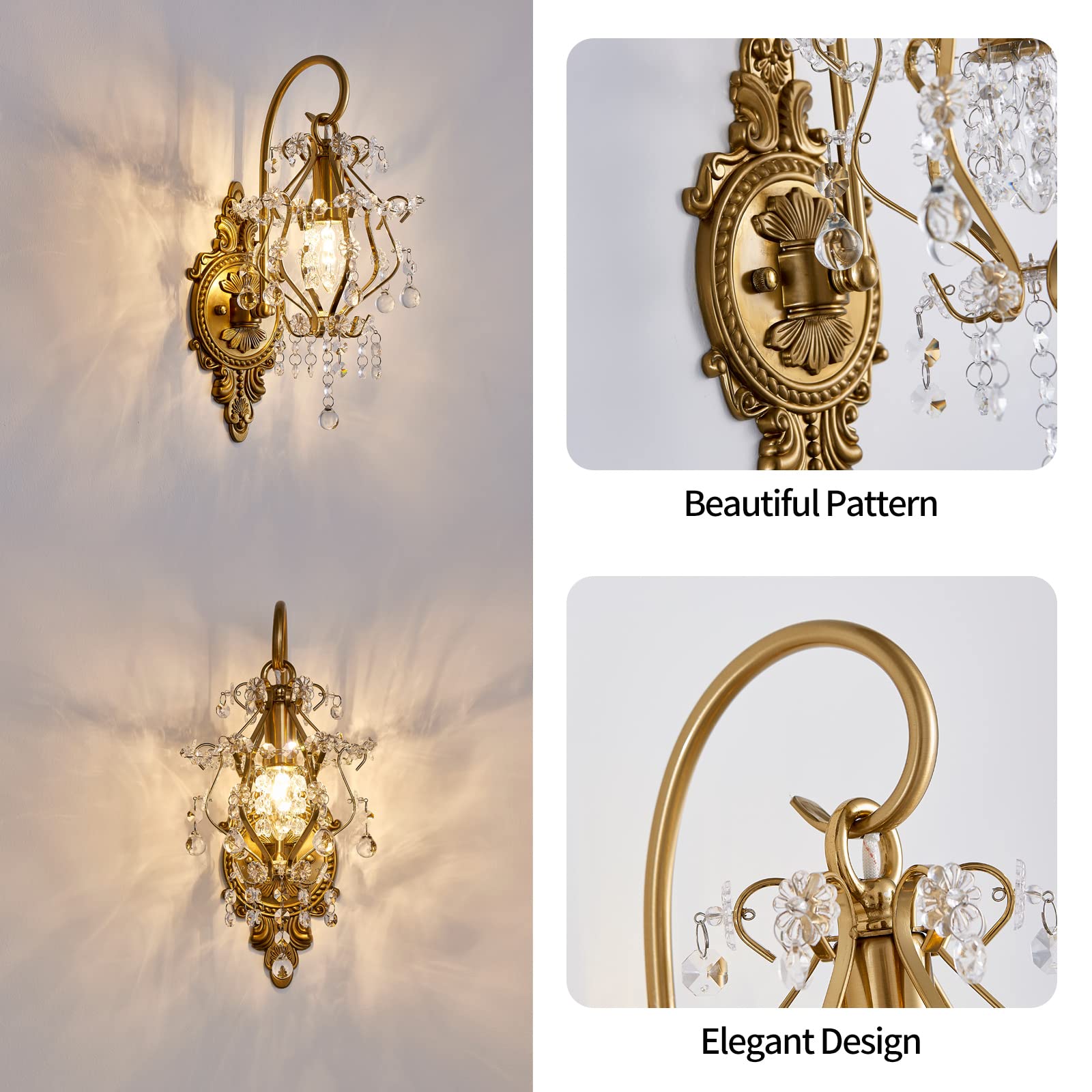 Fetason 2 Pack Vintage Gold Wall Sconces, Crystal Wall Light Fixture, E12 LED for Bedroom, Living Room, Bathroom - Model YY801