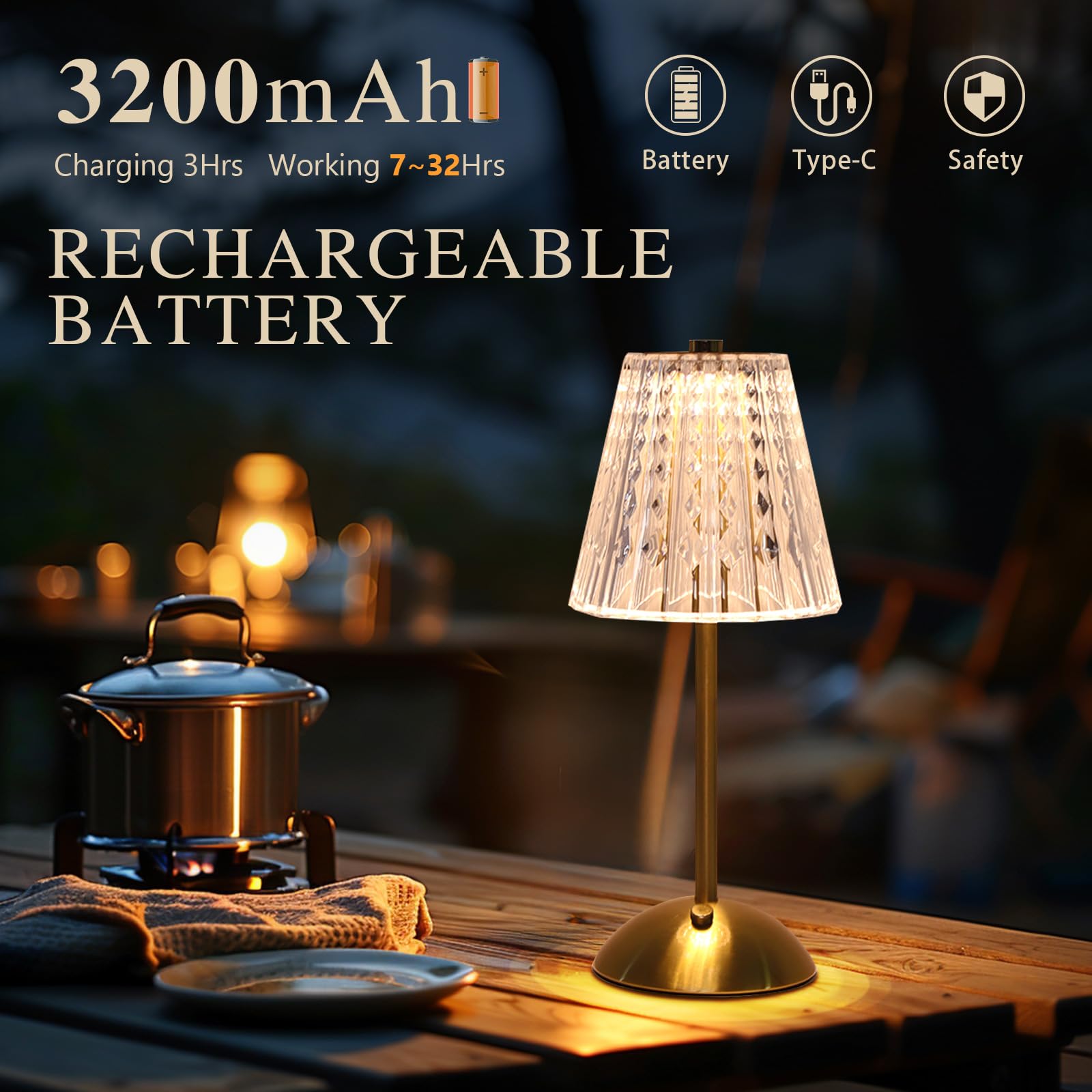 Gkeiten 2 Pack Cordless Metal Desk Lamp,Touch Sensor Control Led Table Lamp,3 Way Dimmable Nightstand Lamp With Cristal Shade De