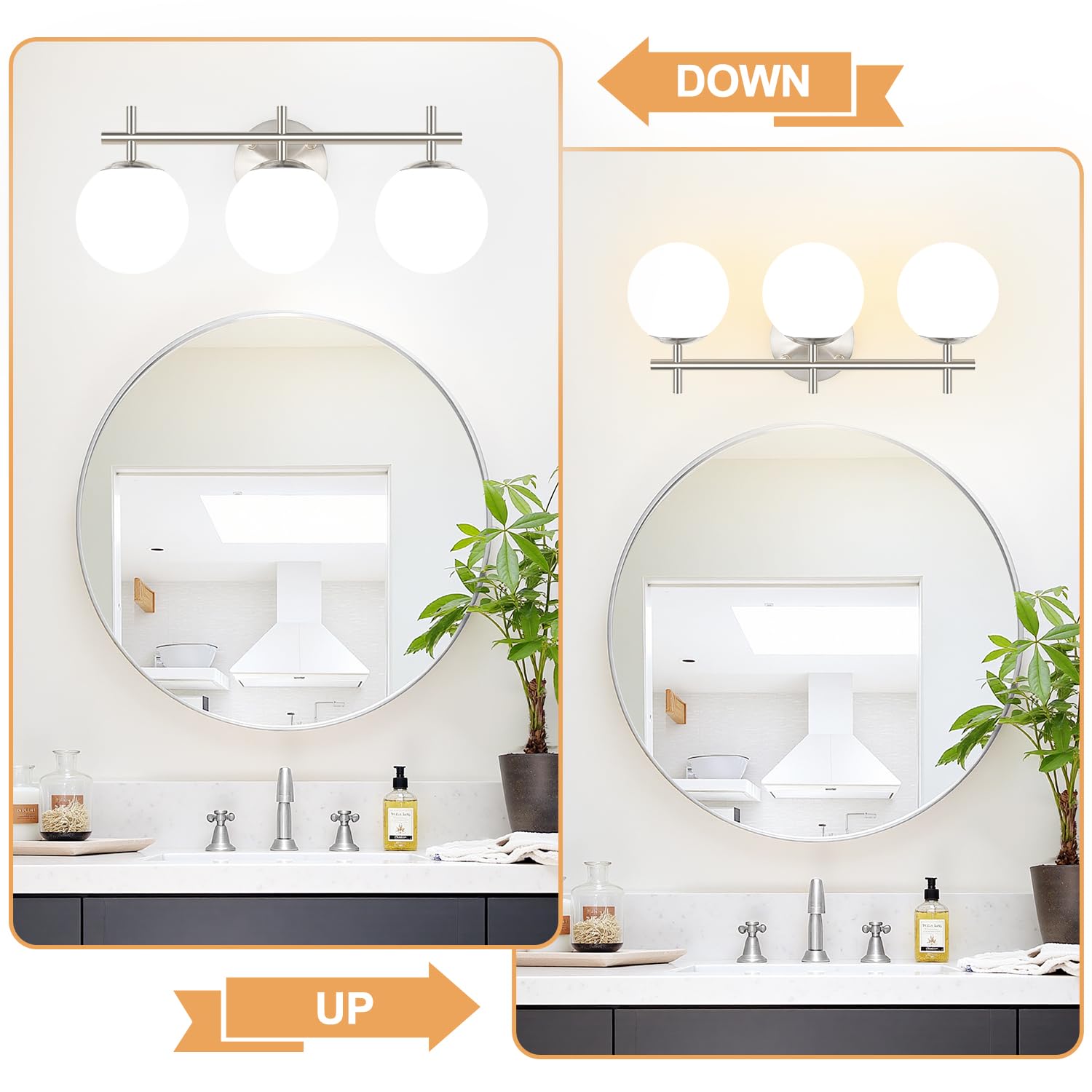 3-Light Bathroom Light Fixtures  Brushed Nickel Vanity Lights For Bathroom With Milky White Ball Shades  18.9 Inch Bathroom Lighting Fixtures Over Mirror  Wall Sconce For Bedroom (Bulb Not Included)