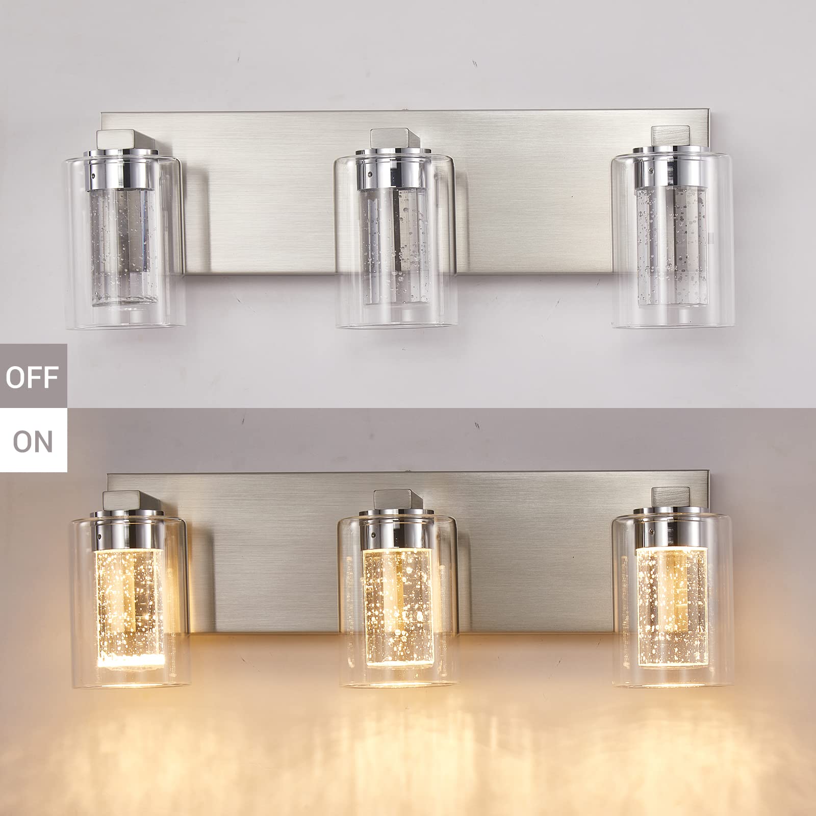 yenlacy 3-Light Bathroom Vanity Light, Brushed Nickel, Crystal Bubble Glass, Dimmable, Model 2022-B108, Modern Wall Sconce for Home