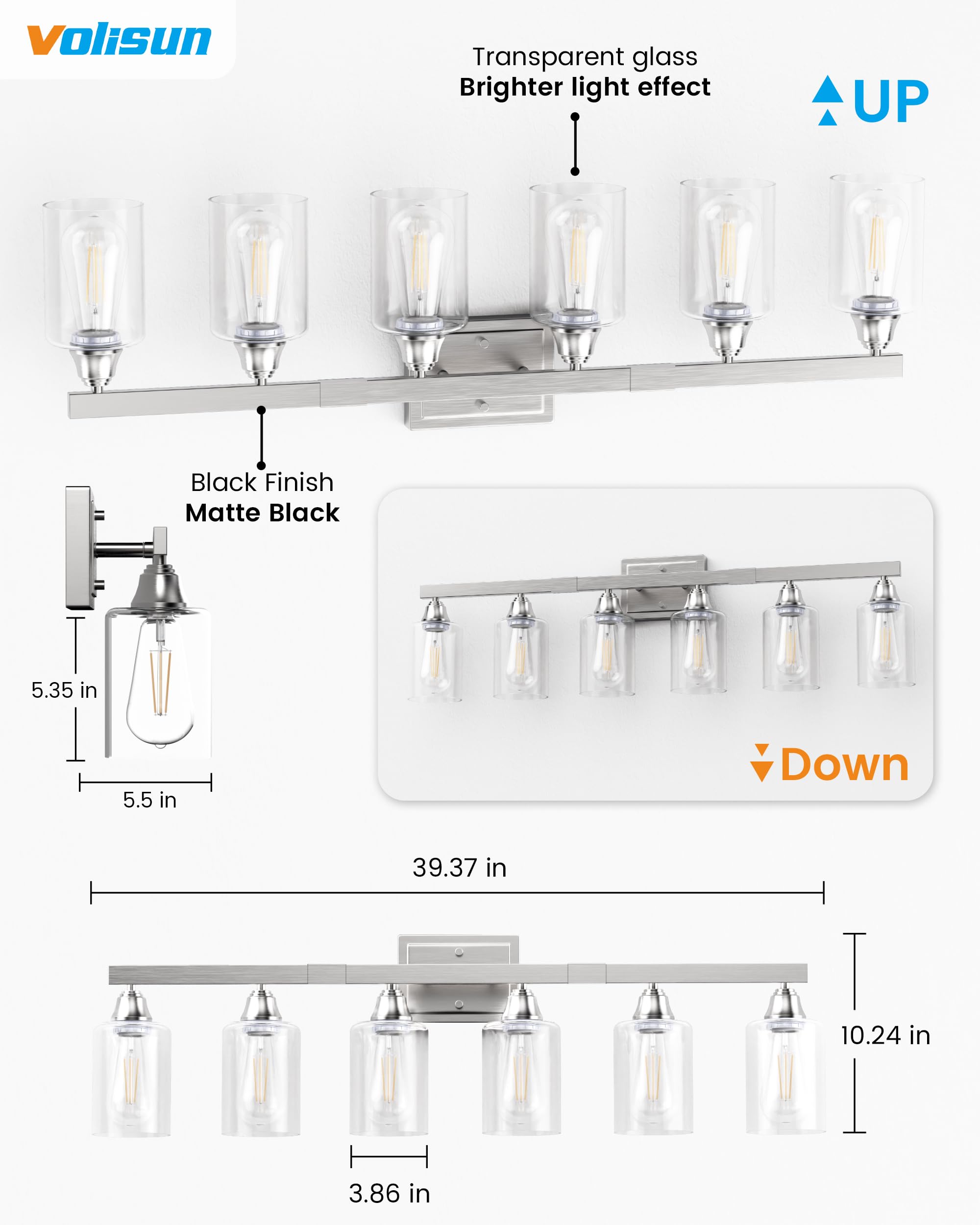 Volisun 6-Light Bathroom Light Fixtures, Brushed Nickel Bathroom Vanity Light Over Mirror, Modern Vanity Lights For Bathrooms, B