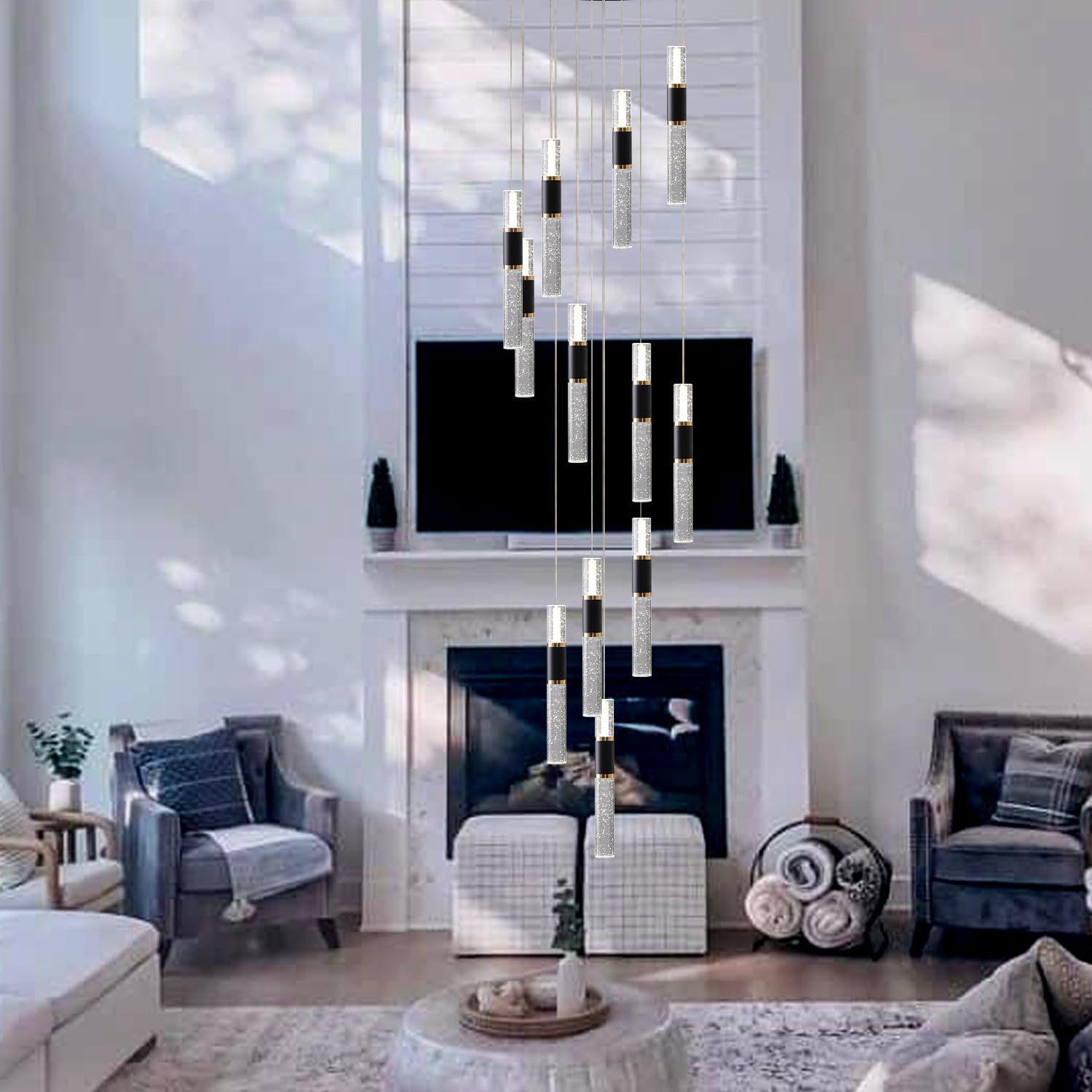 High Ceiling Chandelier,Led Chandelier,Modern Chandelier 12-Light Dimmmable Staircase Chandelier For High Ceilings,Modern Black And Gold Chandelier Light Fixutres With Remote For Foyer Enterway