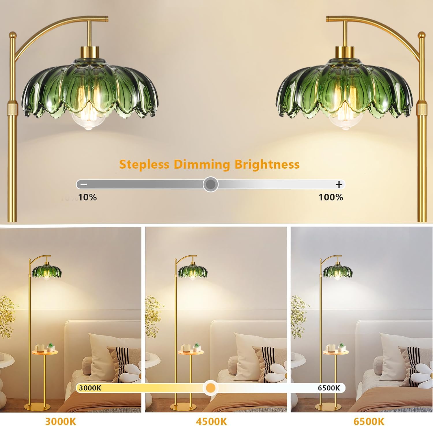 ZECOXOL Arc Floor Lamp with Table & Shelves, Gold-green, Dimmable, Remote Control, 10.2" Model 001