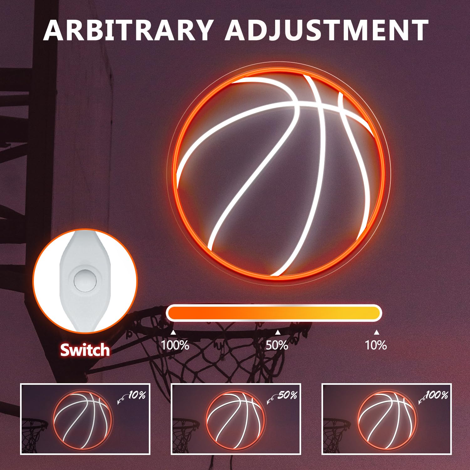 HAJAE Basketball Neon Sign, Dimmable LED Light, 12.6 Inch, Orange/White, Model HAJAE01, USB Powered Wall Decor