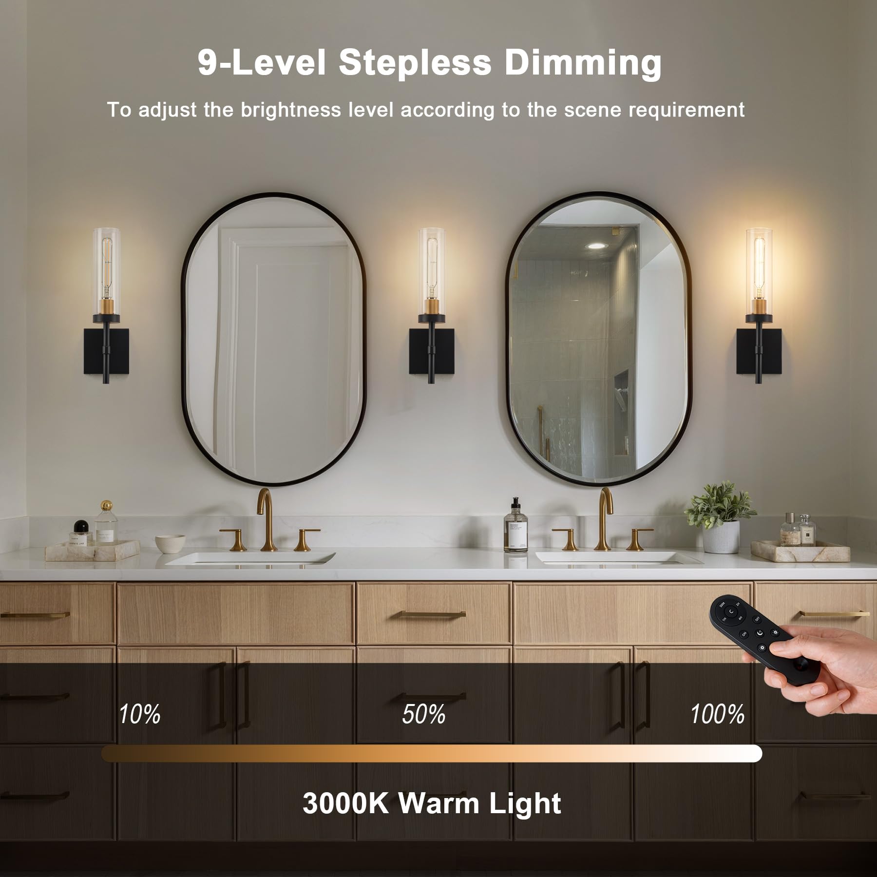 SANTOSTOCK Wireless Wall Sconces - Remote Control, Battery Operated, Dimmable, 2 Pack, Black & Gold, Model SSW018B1-2C