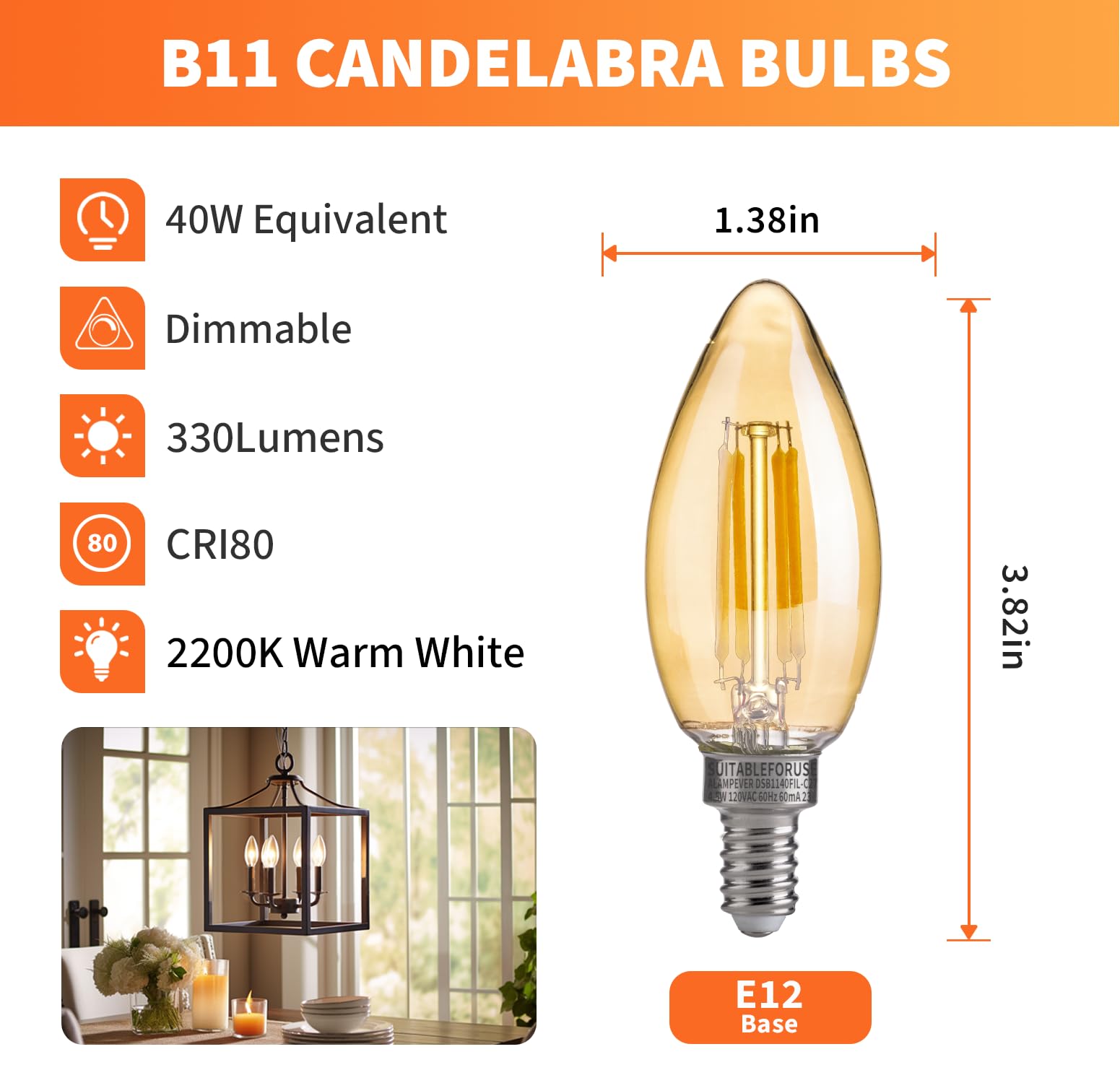 ALAMPEVER Chandelier Light Bulbs 4W E12 LED 2200K Warm White 330LM 12 Pack Glass B11
