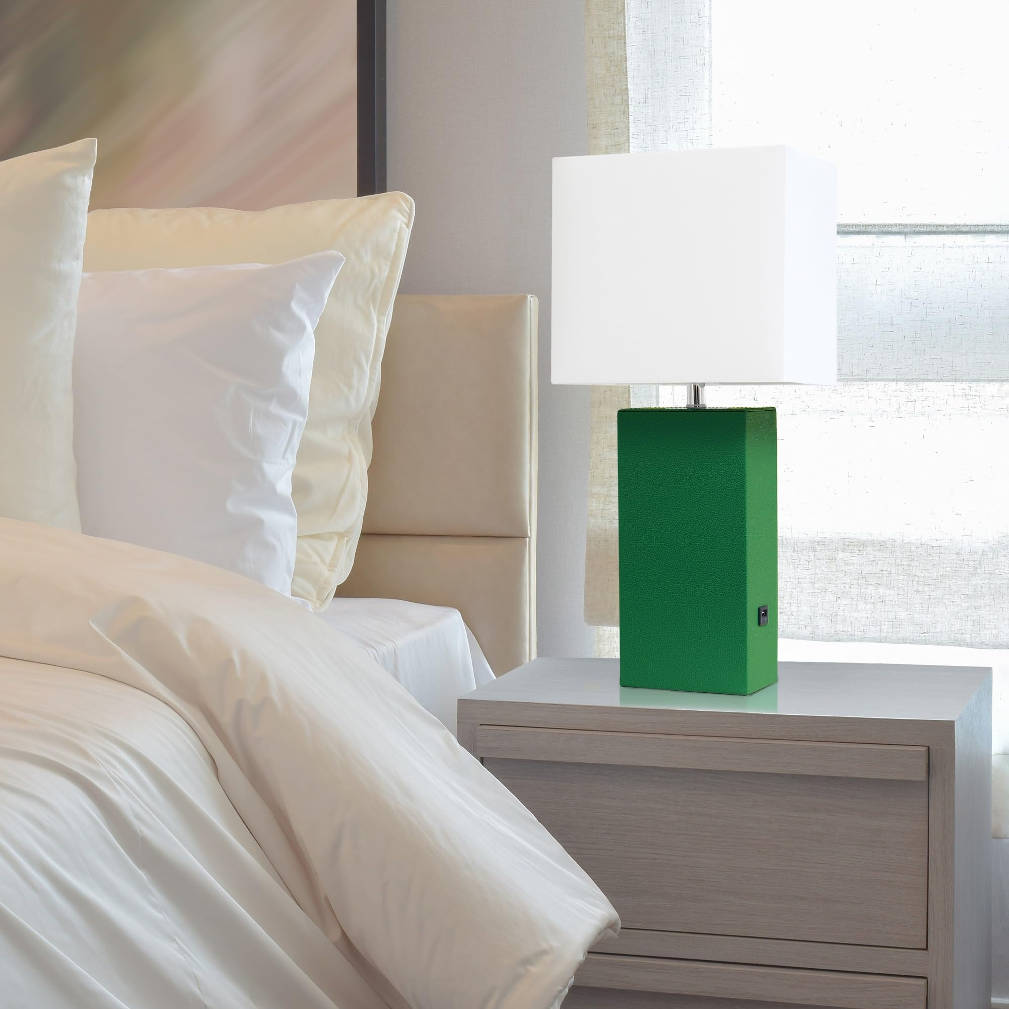 Elegant Designs Lt1053-Grn Modern Leather Usb And White Fabric Shade Table Lamp, Green (Pack Of 1)