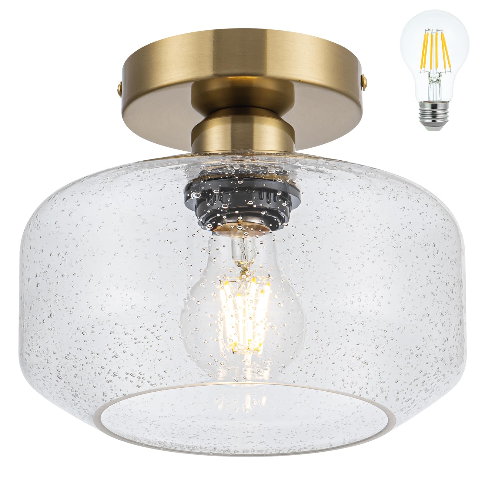 Tbaoinla Simple and Elegant semi Flush Mount Ceiling Light Seeded Glass Brass and Golden Metal Base Includes 900 Lumen LED Light