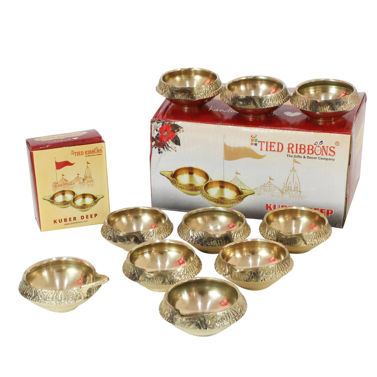 TIED RIBBONS Kuber Brass Diya | Set of 10, 1 x 2.5 inch | Golden Brass Oil Lamps for Home Decor Office | Vilakku for Puja Decora