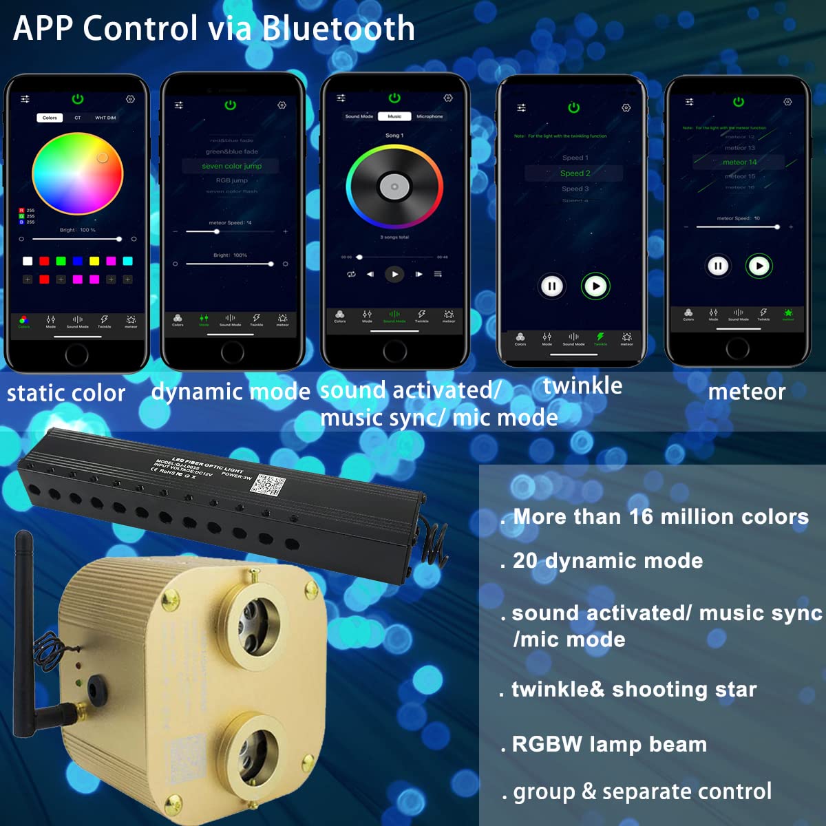 AZIMOM Bluetooth Meteor Shooting Star Ceiling Lights Kit, 20W, 1100pcs Fiber Strands, RGBW, Gold, Model QJ-L016