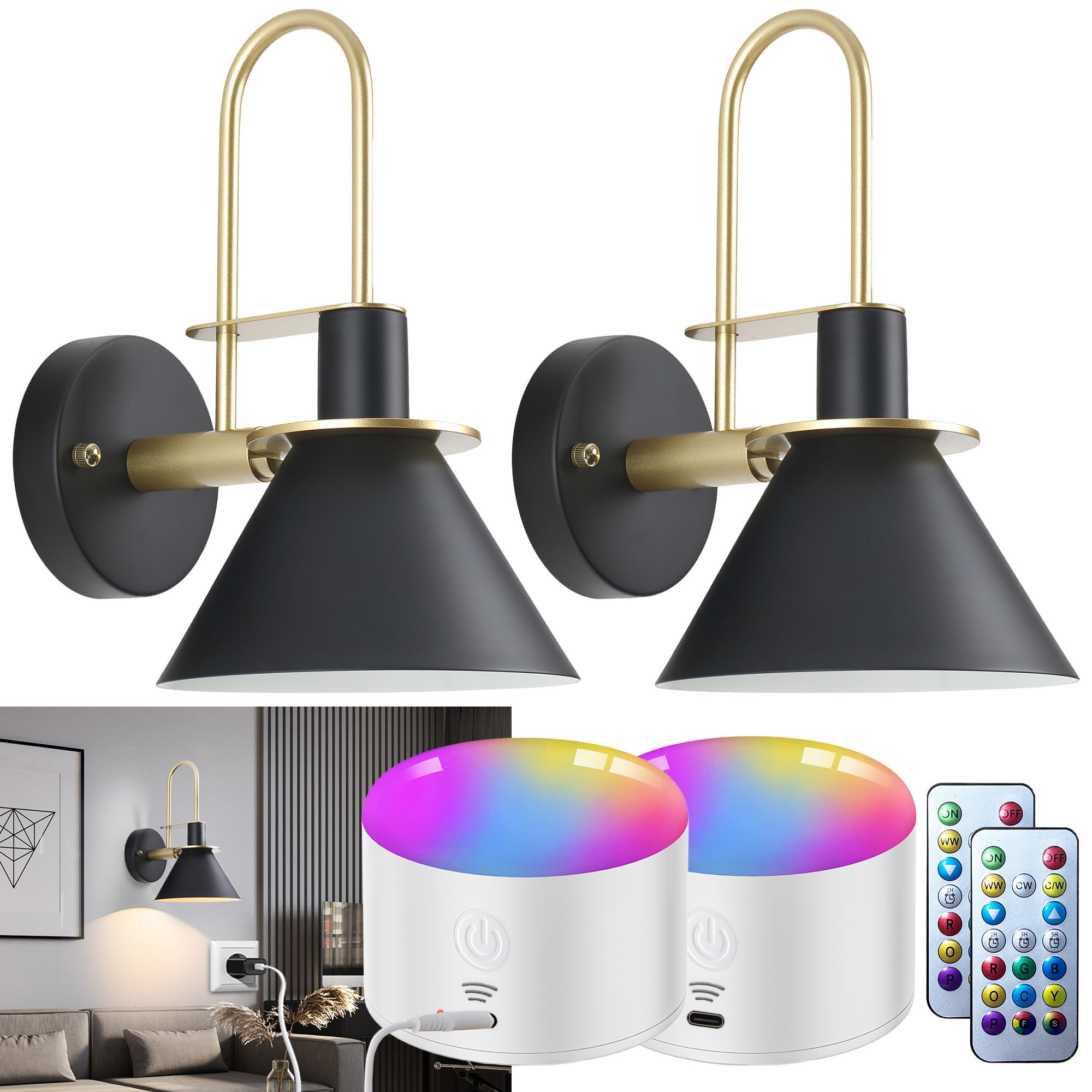 Battery Operated Wall Sconces Set Of Two, Rechargeable Wireless Wall Lights With 10000mAh RGB Dimmable Detachable Bulb, Battery 