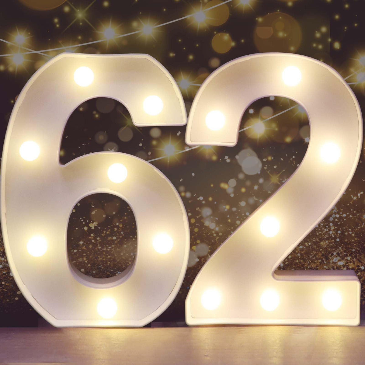 Pooqla Decorative Led Light Up Number Letters, White Plastic Marquee Number Lights Sign for 62th Birthday Party Wedding Decor Battery Operated Number (62)