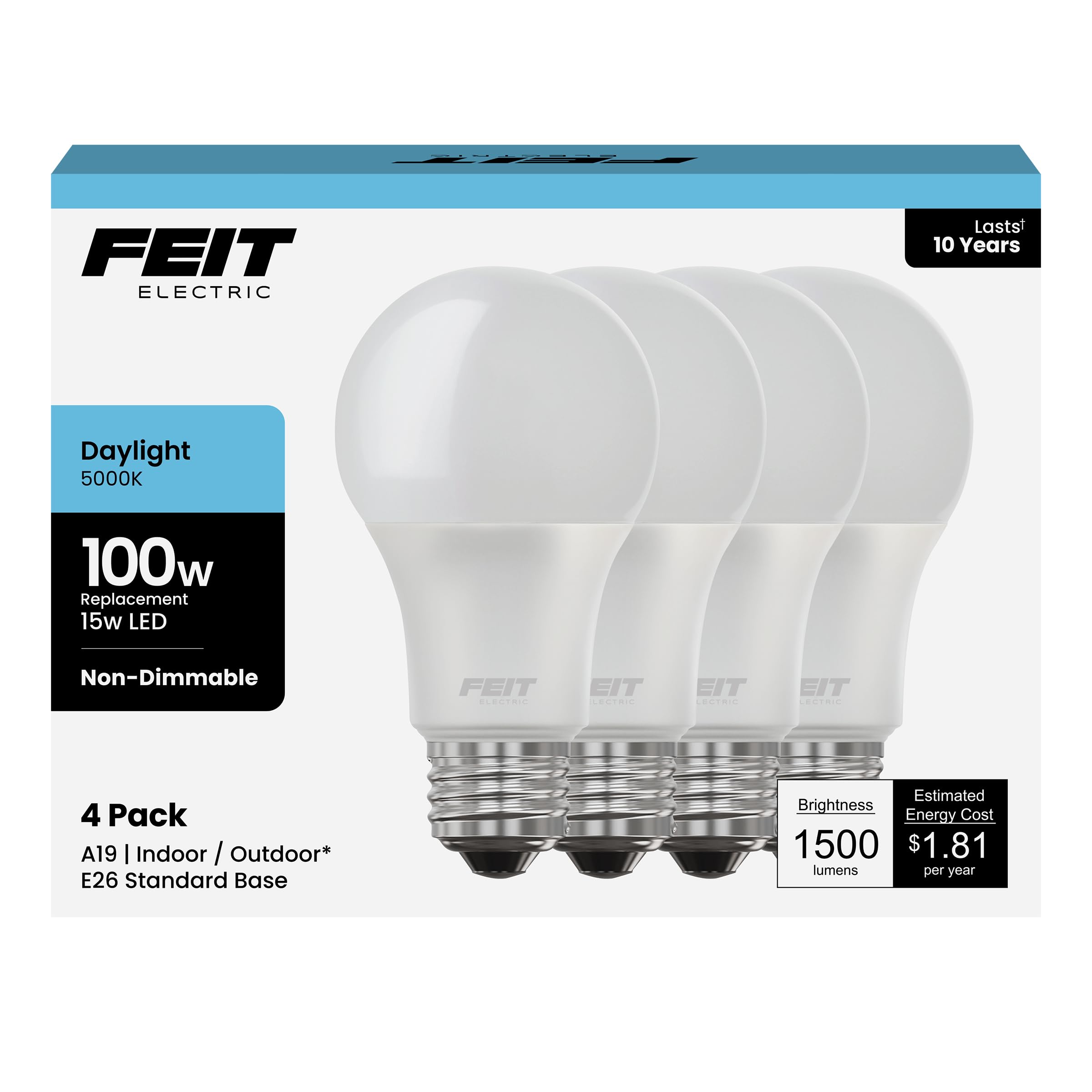 Feit Electric A19 LED Light Bulbs  100W Equivalent  1500 Lumens  Daylight 5000K  15W  11 000-Hour Lifespan  General Purpose Indoor/Commercial Use  A1600/850/10KLED/4  4 Pack