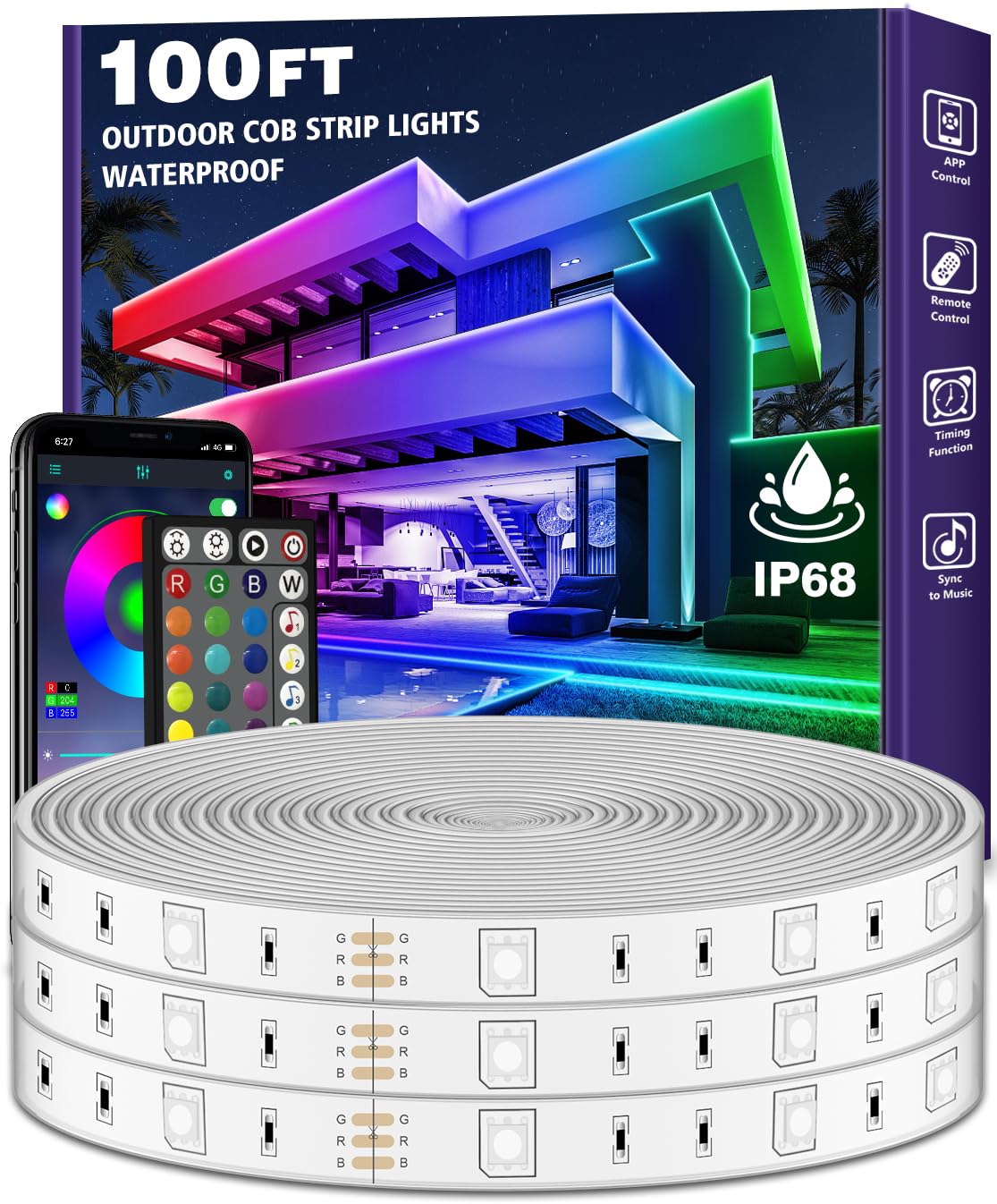 AILBTON Outdoor LED Strip Lights, IP68 Waterproof, Bluetooth App Control, Music Sync, 100ft, White