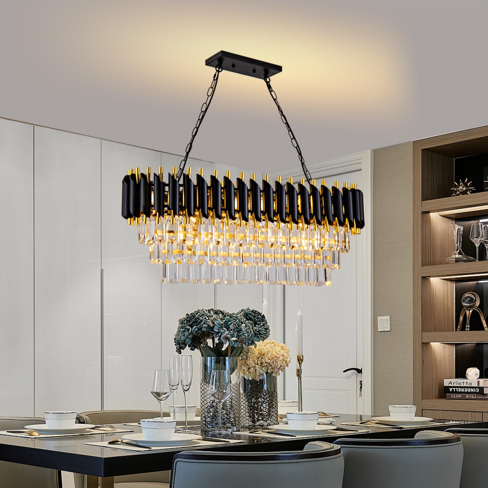 Aixialin 10-Light Crystal Chandelier Pendant Light Fixture, Black Oval, Model 600-100-1002, for Dining Room and Living Room