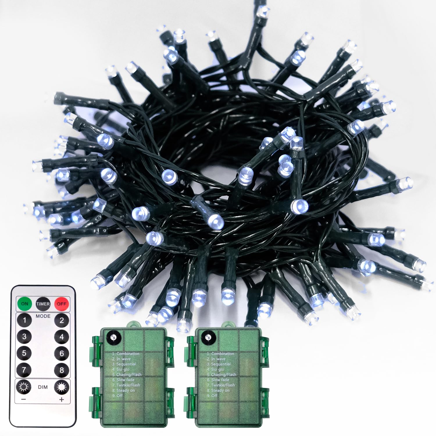 2 Pack Battery Operated String Lights, Each 16.5 Ft 50 LED String Lights Dark Green Wire with Remote Timer 8 Modes Fairy Lights for Bedroom Garden Party Garlands Christmas Tree Decor(Cool White)