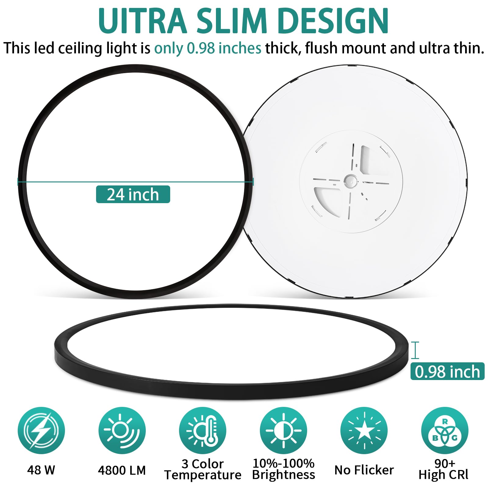 24 Inch Dimmable Led Ceiling Light Fixture, Ultra Thin Flush Mount, 48W 4800Lumen, 3 Color Changeable, Round, Black, For Dining