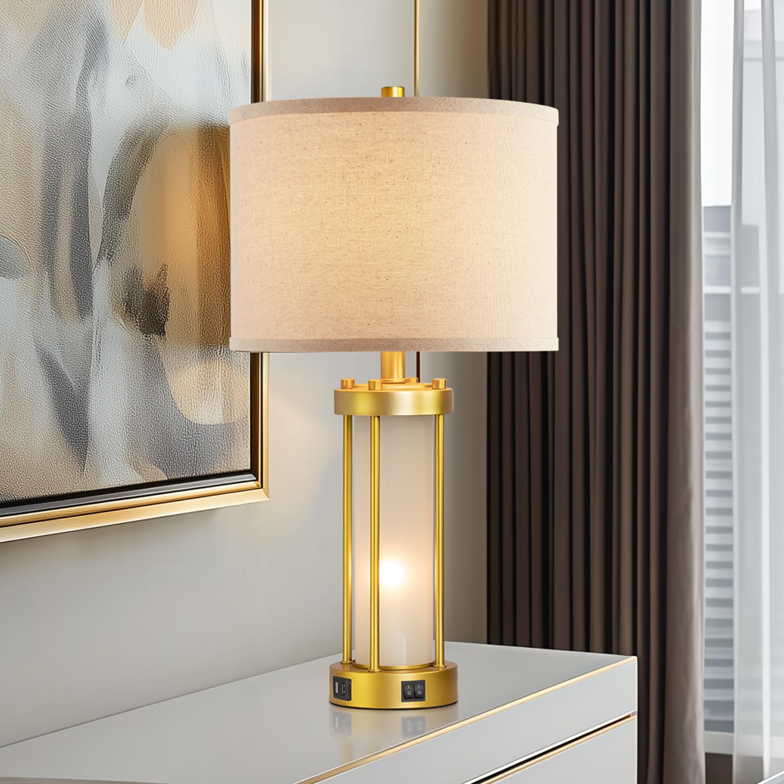 Roria Modern Table Lamps For Living Room Set Of 2, Farmhouse Bedroom Lamps For Nightstands With Dual Usb Ports, Gold Bedside Lam