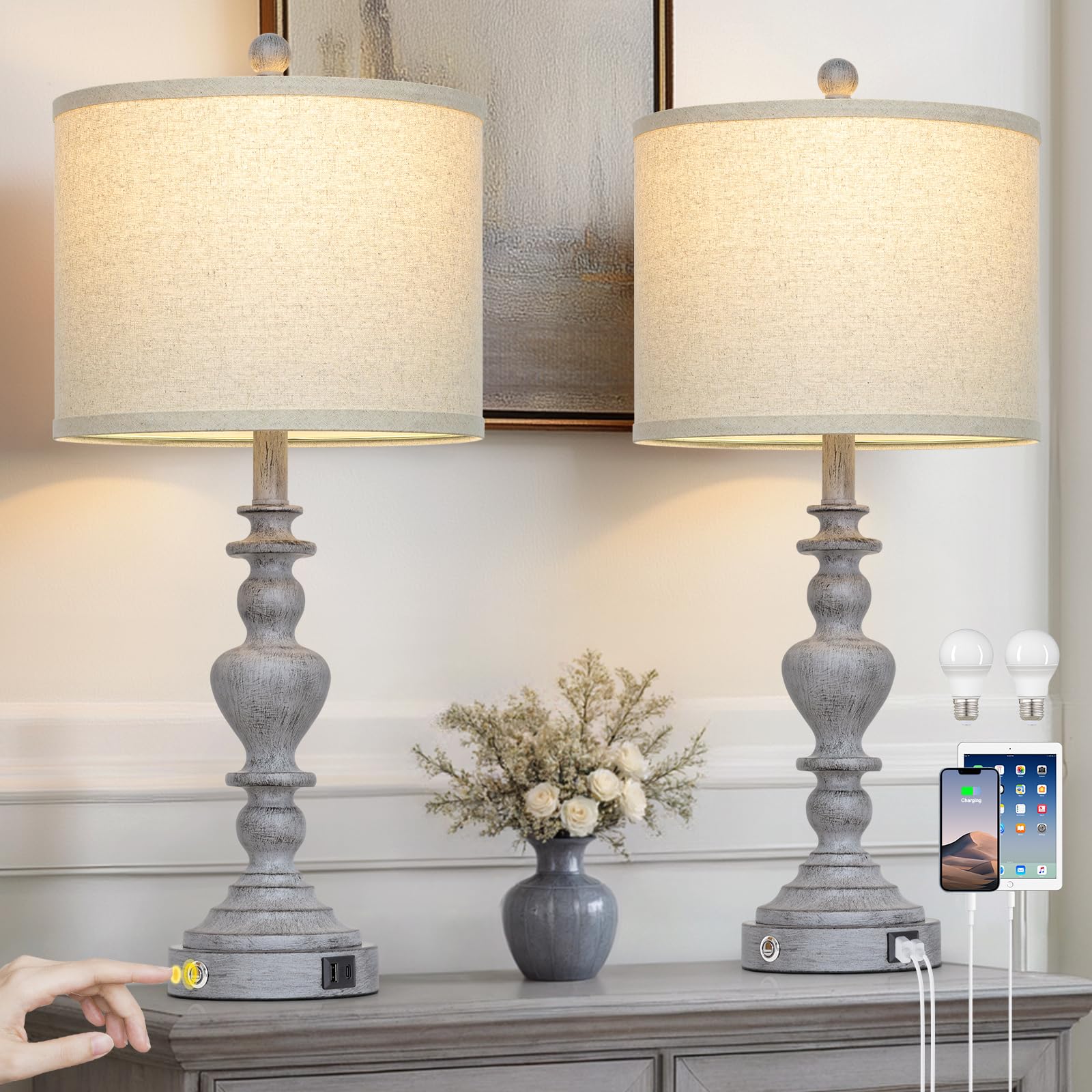 27 Tall Table Lamps for Living Room, 3-Way Dimmable Touch Control Farmhouse Vintage Table Lamps Set of 2 with USB C+A Ports and 
