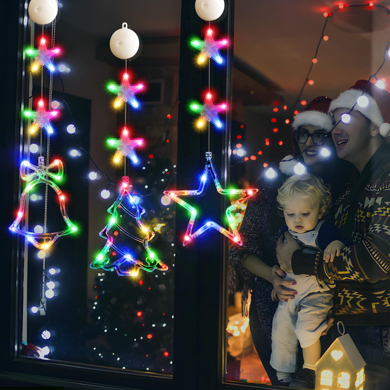 Lyubasa [Timer 3Pcs Christmas Window Lights Decorations, Battery Powered Christmas Window Hanging Multicolor Lighted Tree Bell Star Shaped Led Sucker For Xmas Tree Window Fireplace Indoor Decor