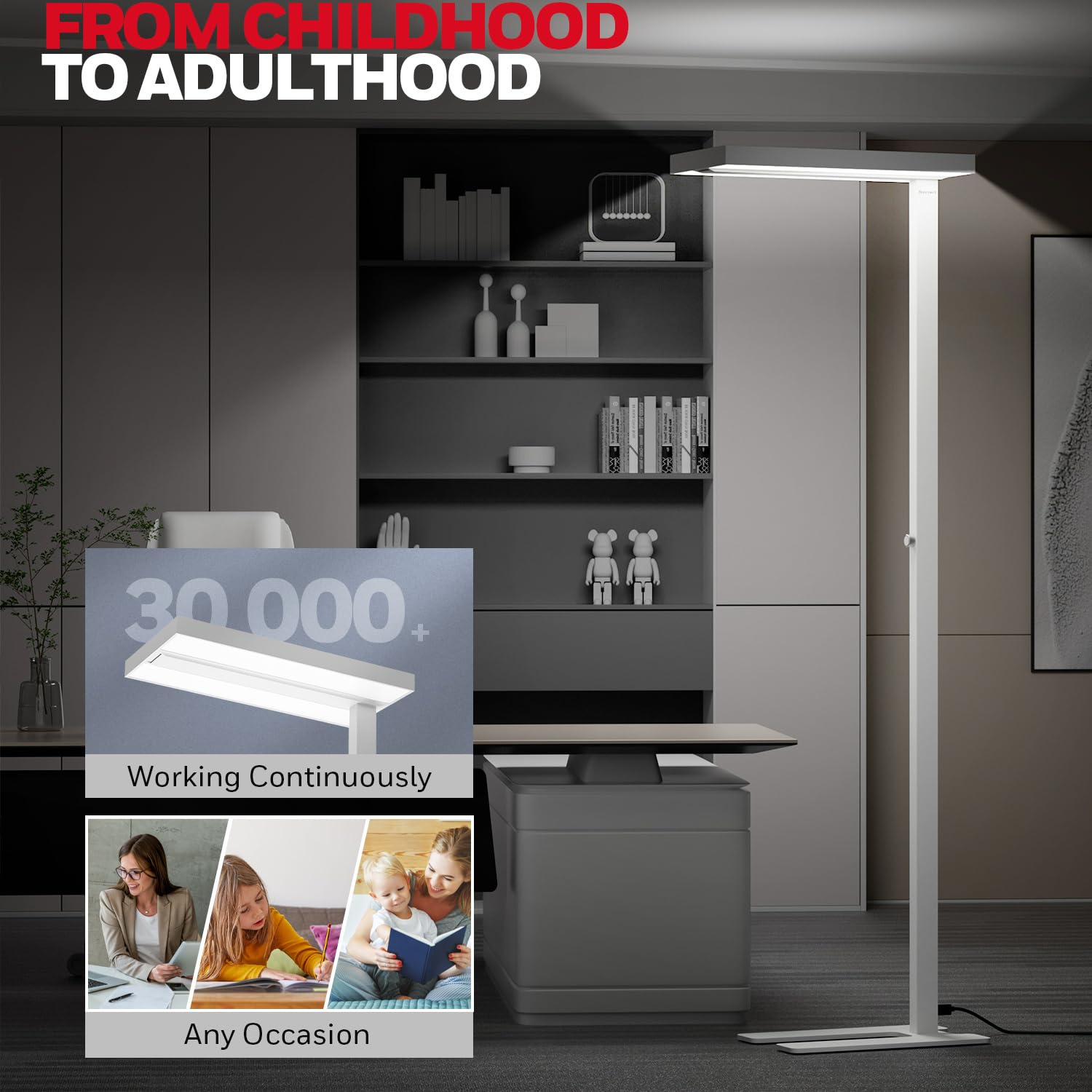 Honeywell LED Floor Lamp - Modern Eye Caring Dimmable Light, 6000LM, 60W, 4000K, Large, White, Model HWL-02E