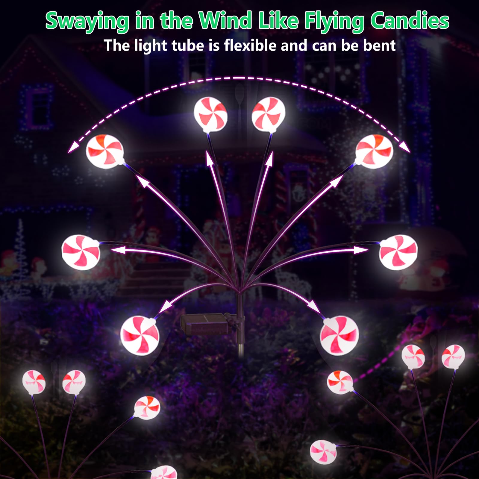 Huyieno Christmas Decorations Outdoor Candy Lights, 4 Packs 32Leds Solar Pathway Lights Swaying By Wind, 2 Modes Waterproof Sola