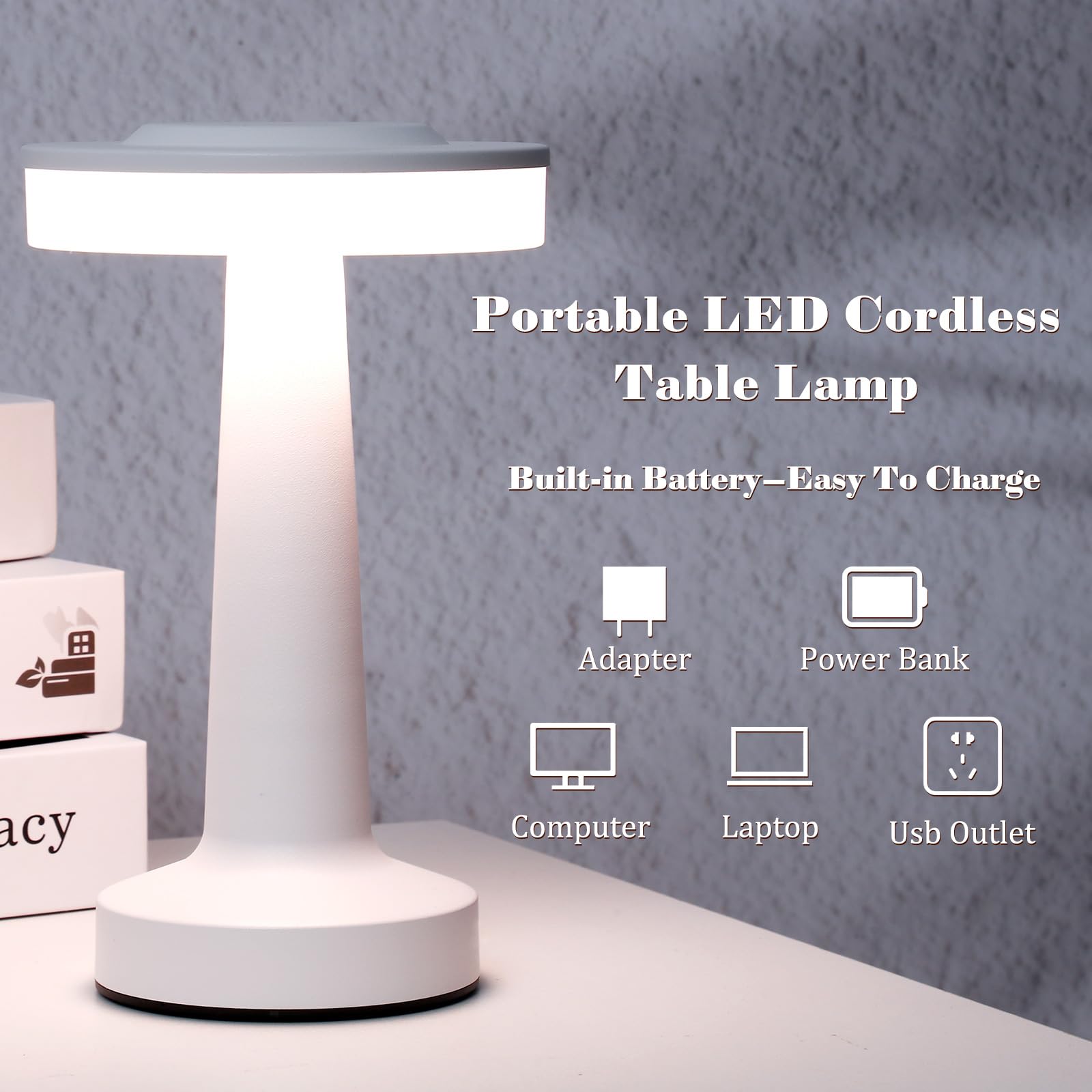 Riakrum LED Portable Metal Table Lamp - Touch Sensor, 3 Color Dimming, Rechargeable, Cordless, White - Model Riakrum-Table Lamp-402