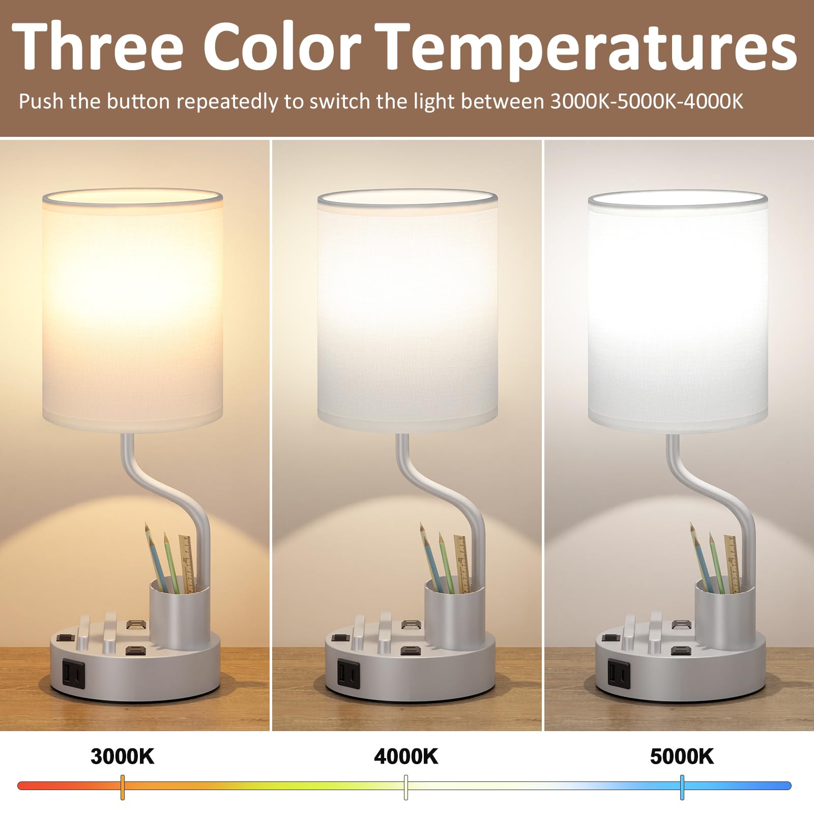 Fenmzee Grey Bedside Table Lamps Set of 2 - Nightstand Light with AC Outlet & USB Charging, Metal, 3 Color Temperatures, Model Lamps 23-1