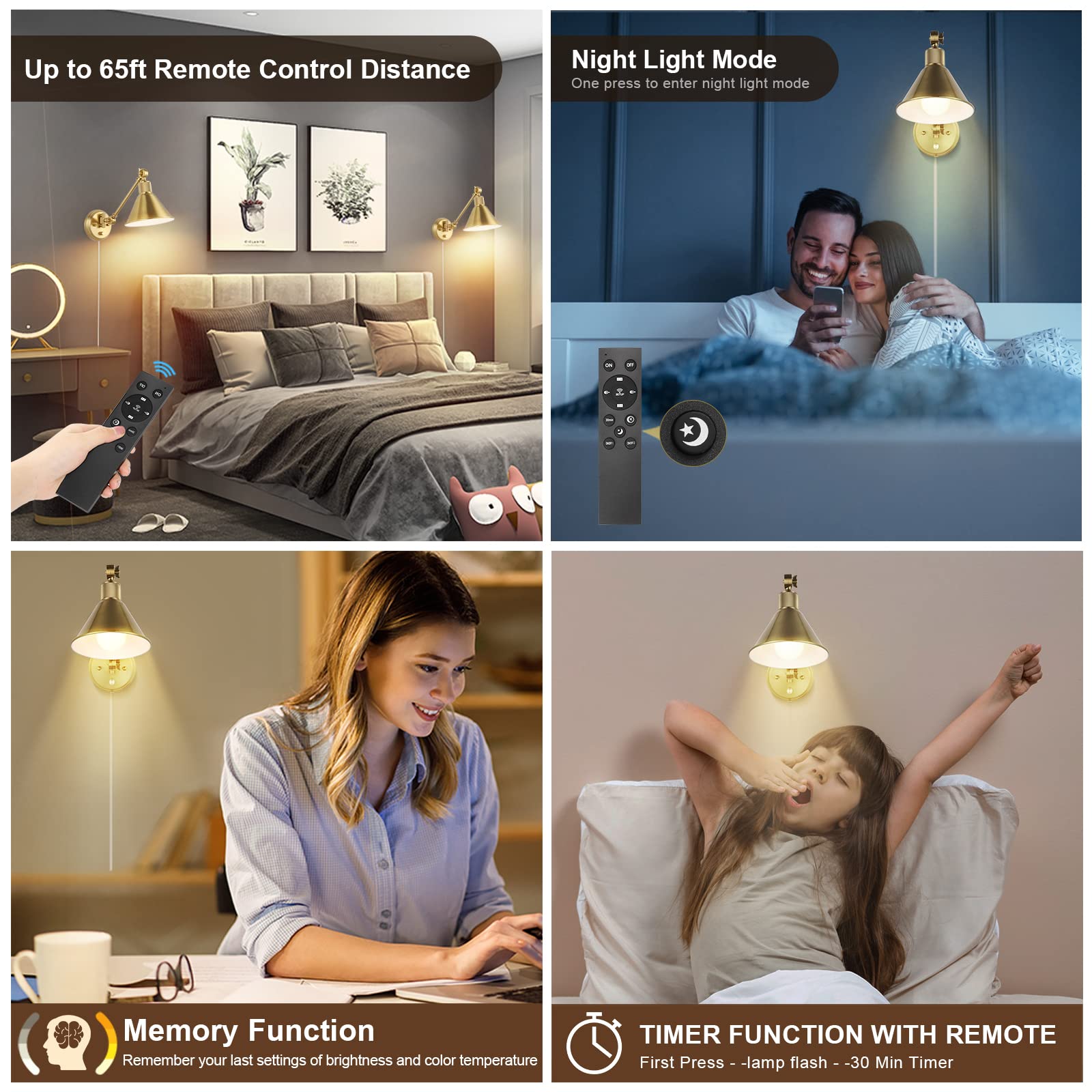 TRLIFE Dimmable Wall Sconce with Remote Control, Brass, 2 Pack, Adjustable Color Temperature 2700K-6000K, UL Listed