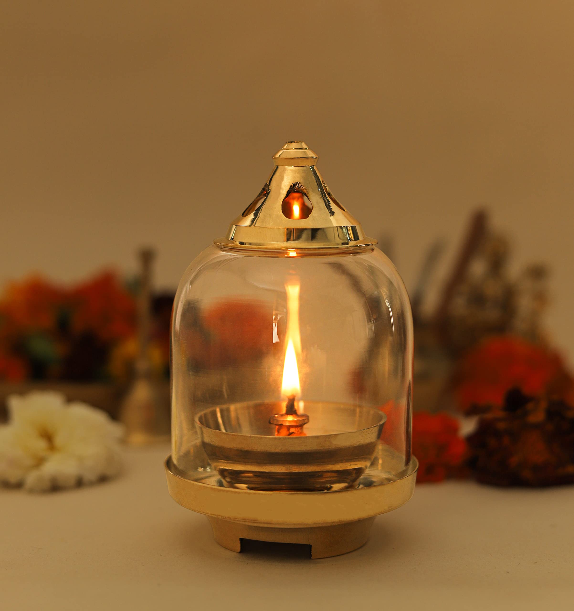 Klassic Prabha Akhand Diya | Curved Diya with Borosilicate Glass Shade | Diya for Pooja, Home Decoration & Gifts & Gold Lid for