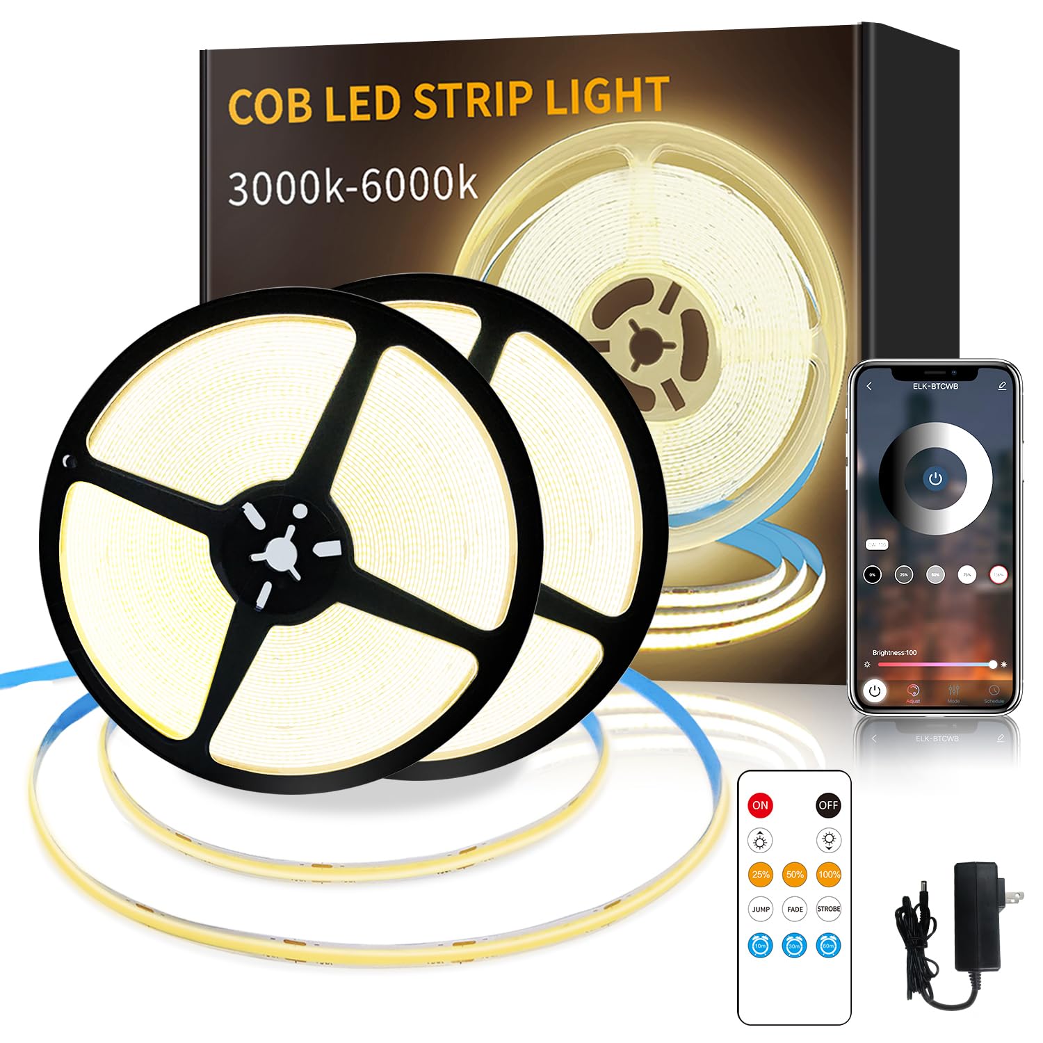 Yeewhale COB LED Strip Lights, 100ft, 3000K Warm White, Dimmable, Flexible, DC 24V, with Remote and App Control, Model Yeewhale-