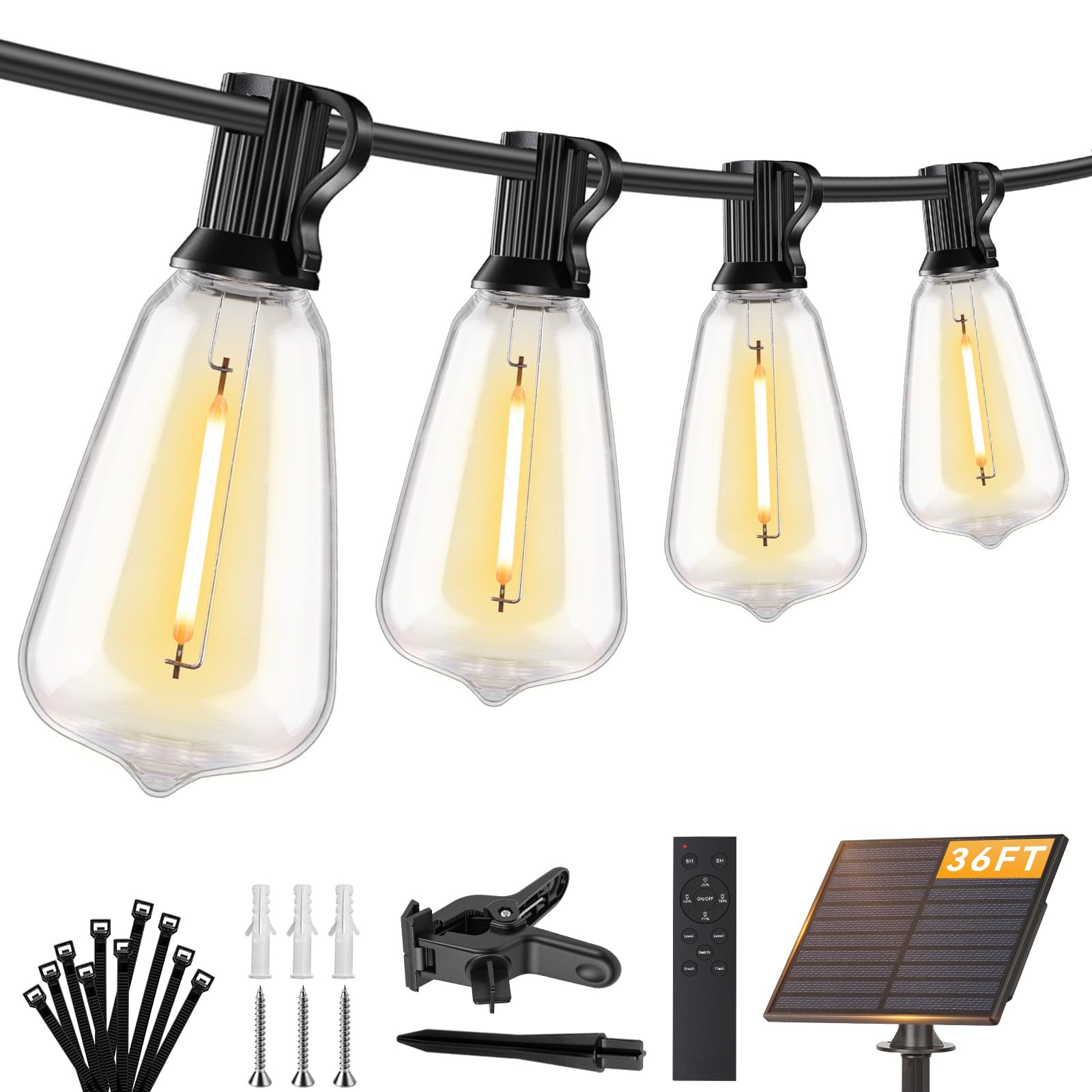 Brightever 36FT Solar String Lights Outdoor Waterproof with Remote, 12+1 Shatterproof ST38 LED Bulbs, Warm White & 3 Lighting Mo