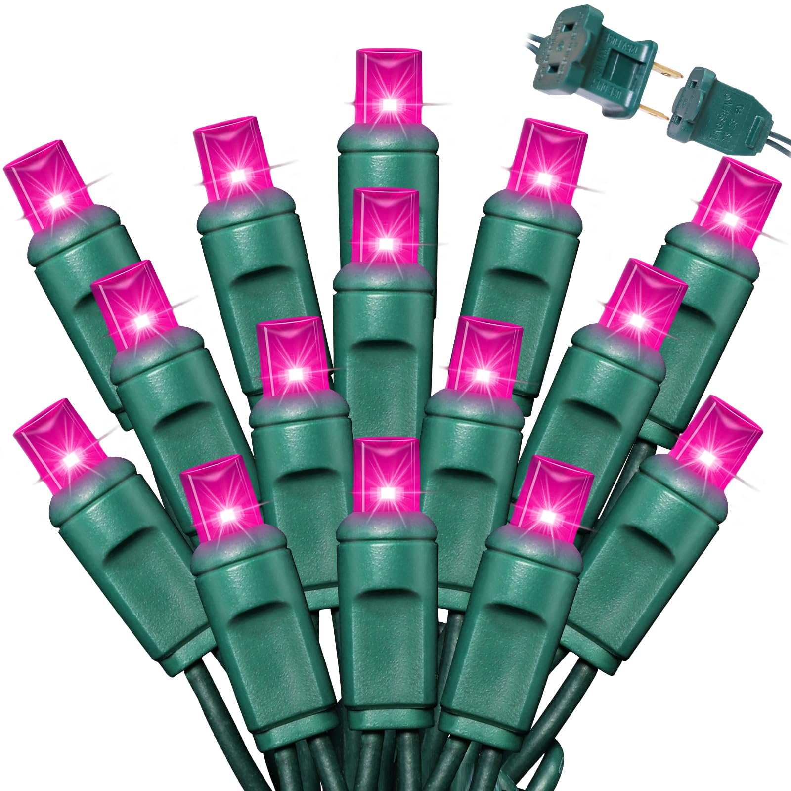 LAMPHOME 50LED String Lights,LED Christmas Lights,6" SPACING,Green Wire,Pink Colour,Commercial Grade