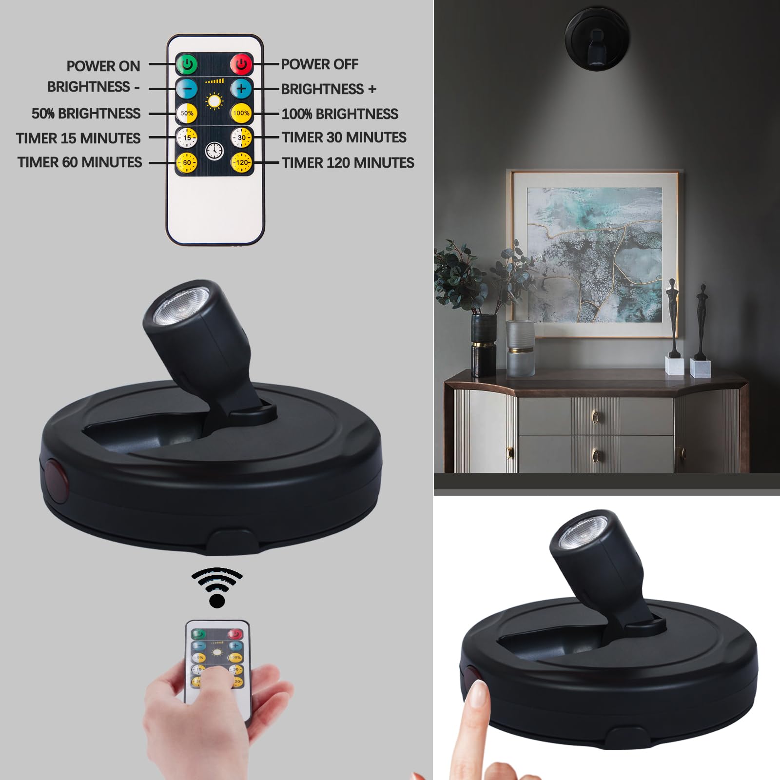 Bergustch Battery Operated Led Spotlight, Wall Picture Lights, Indoor Uplights, Puck Lights With Remote, Plants Spot Light, Disp