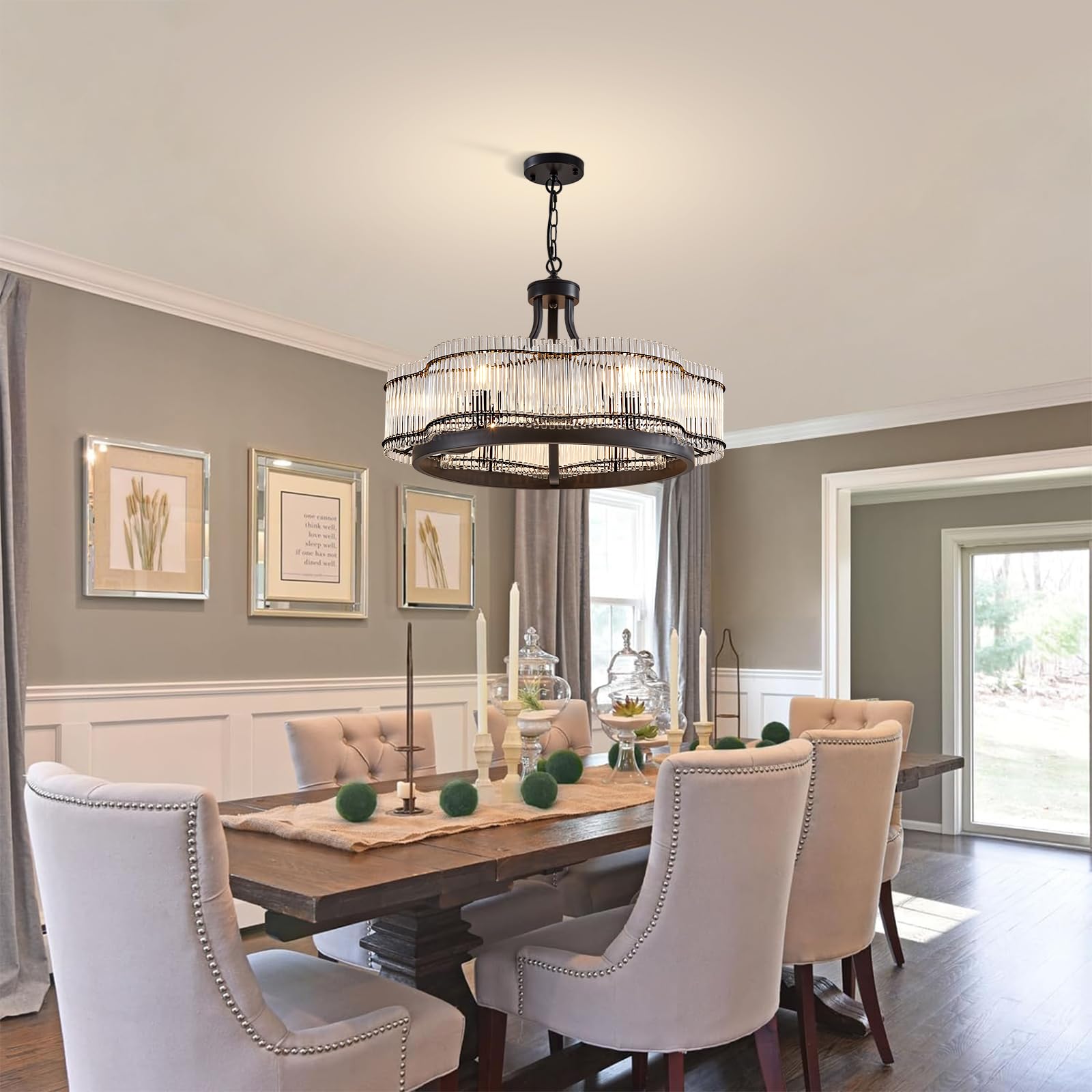 Hccz 6 Light Modern Crystal Chandelier Dining Room Light Fixture Black Round With Crystal Rods Pendant Lighting Adjustable Farmh