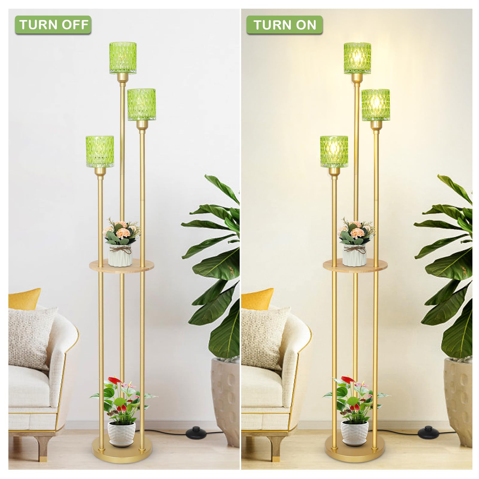 HMVPL Vintage Floor Lamp with Green Glass Shade, Gold Metal, Mid Century Design, Model 250404A1, Perfect for Living Room or Bedroom