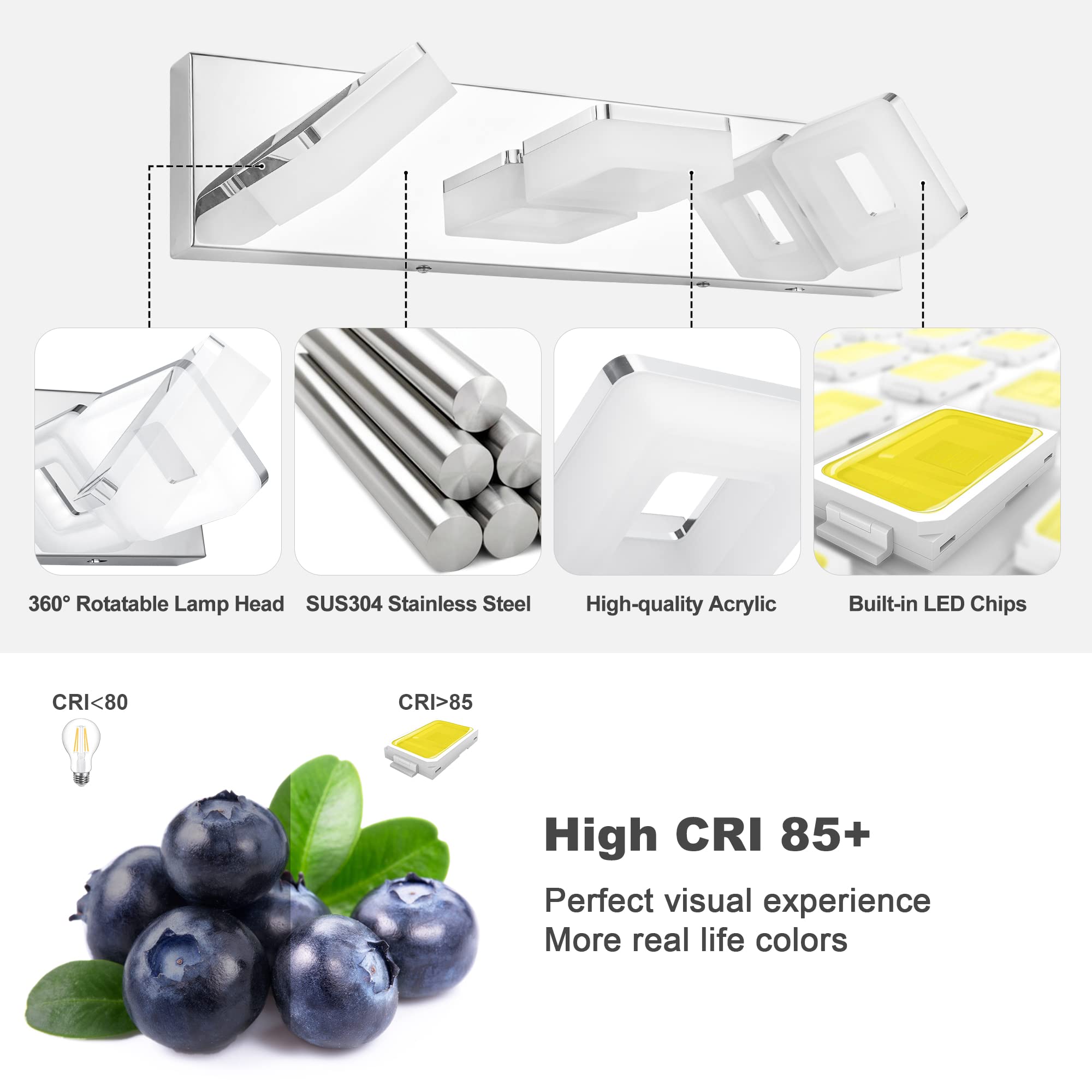 Goodate Chrome Led Bathroom Vanity Lights - Dimmable 3-Light Fixtures, Adjustable 3000K/4000K/6000